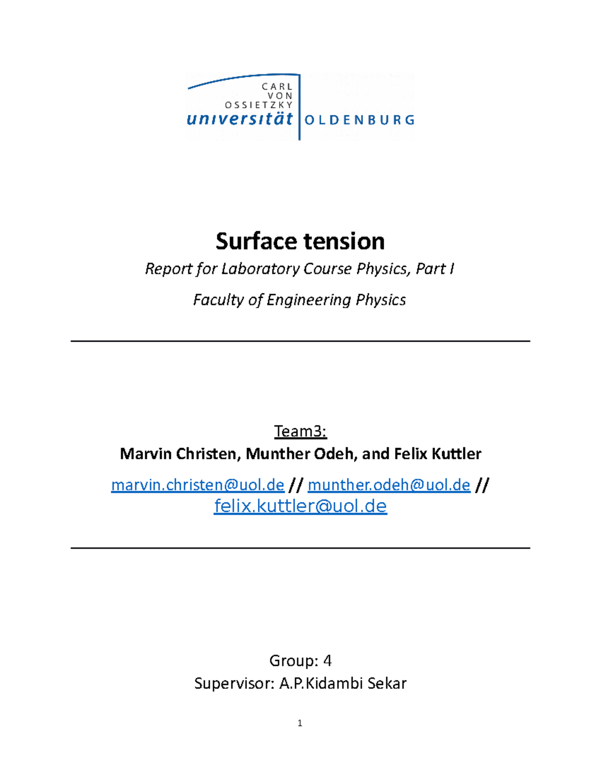 Surface Tension Surface tension Report for Laboratory Course Physics