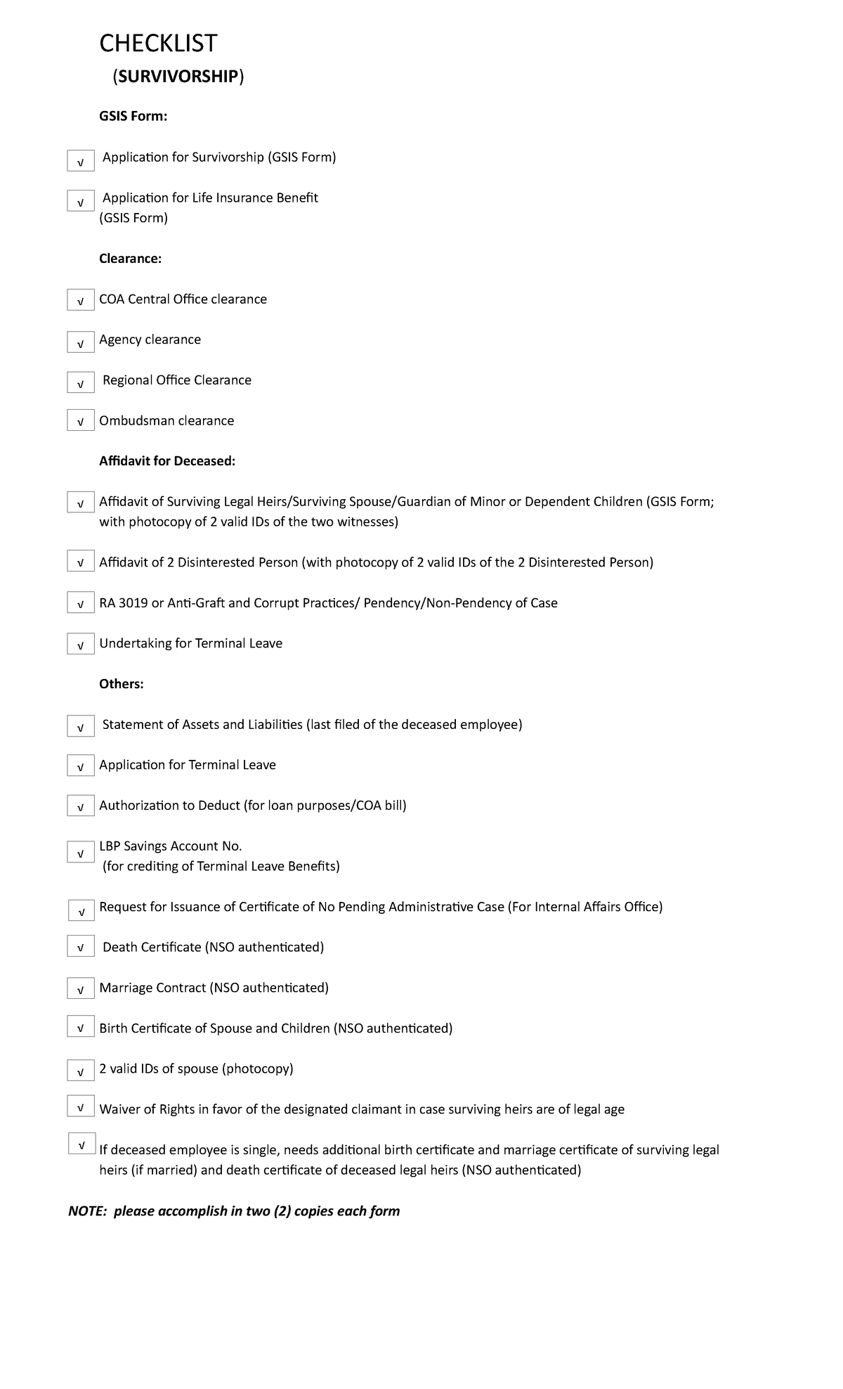 Checklist Survivorship Checklist Survivorship Gsis Form Application For Survivorship 9268