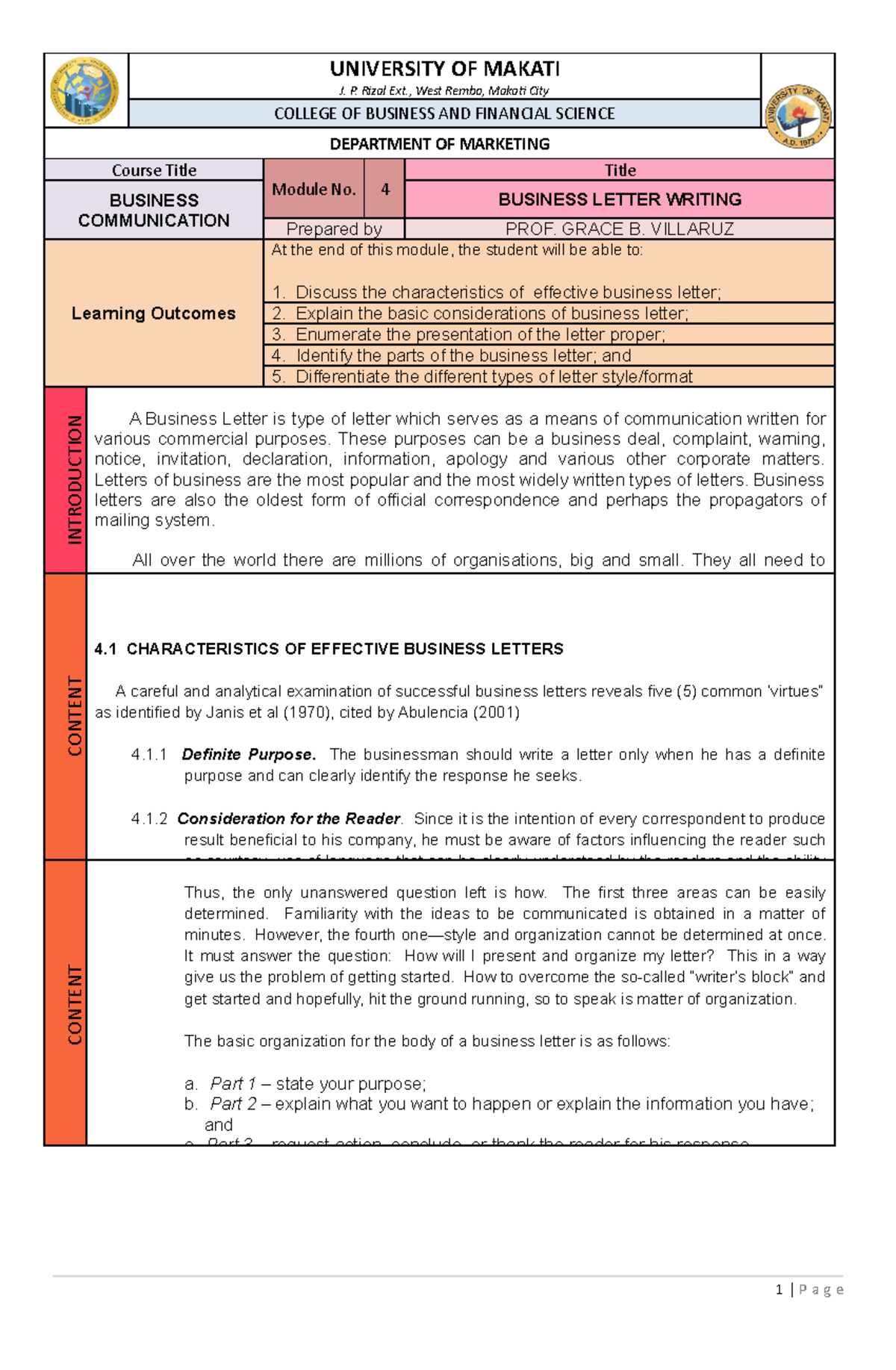 Module 4 - Do well - UNIVERSITY OF MAKATI J. P. Rizal Ext., West Rembo ...