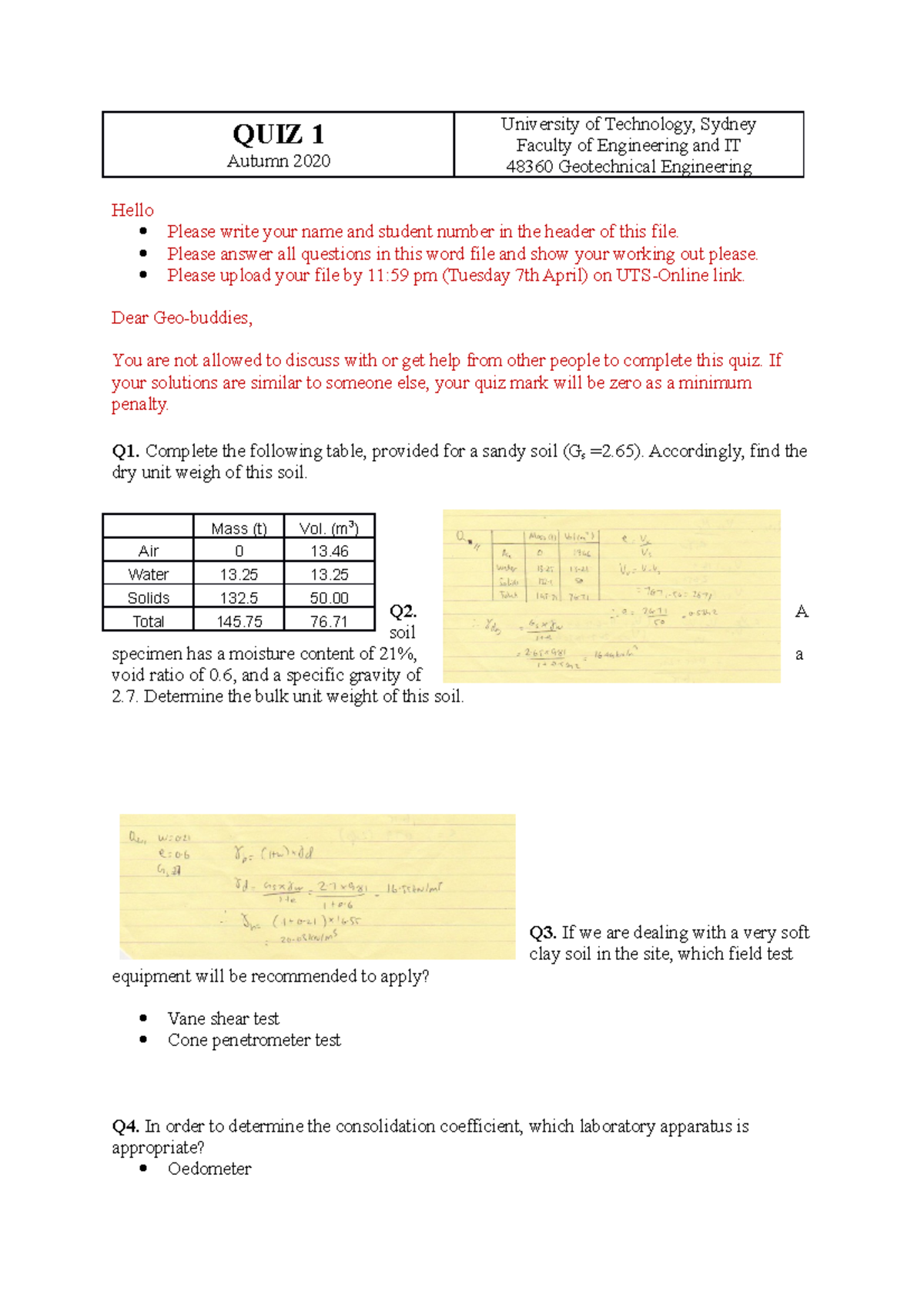 Quiz 1 For Geotechnical Engineering - QUIZ 1 Autumn 2020 University Of ...