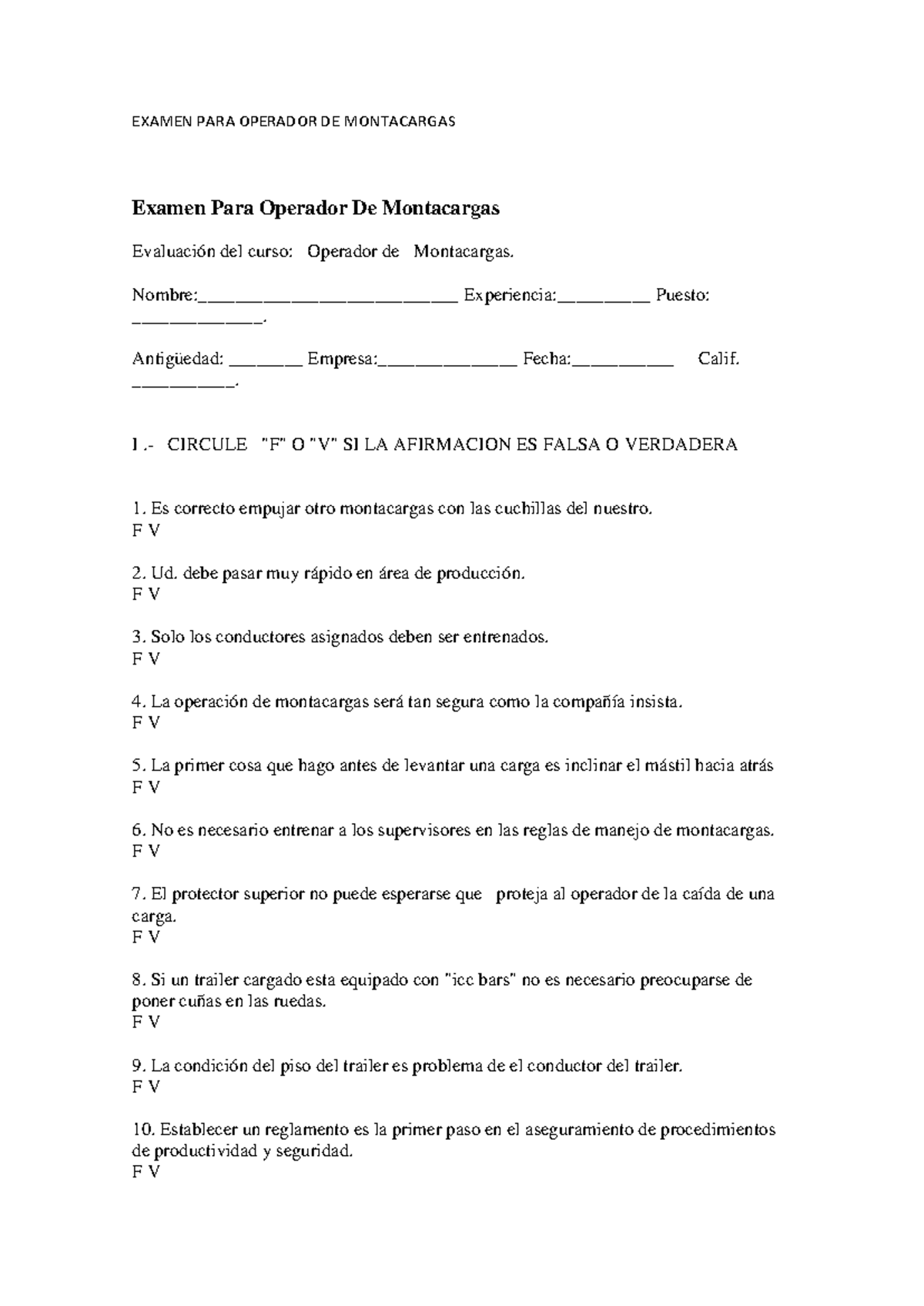 76099989 Examen Para Operador de Montacargas - EXAMEN PARA OPERADOR DE ...