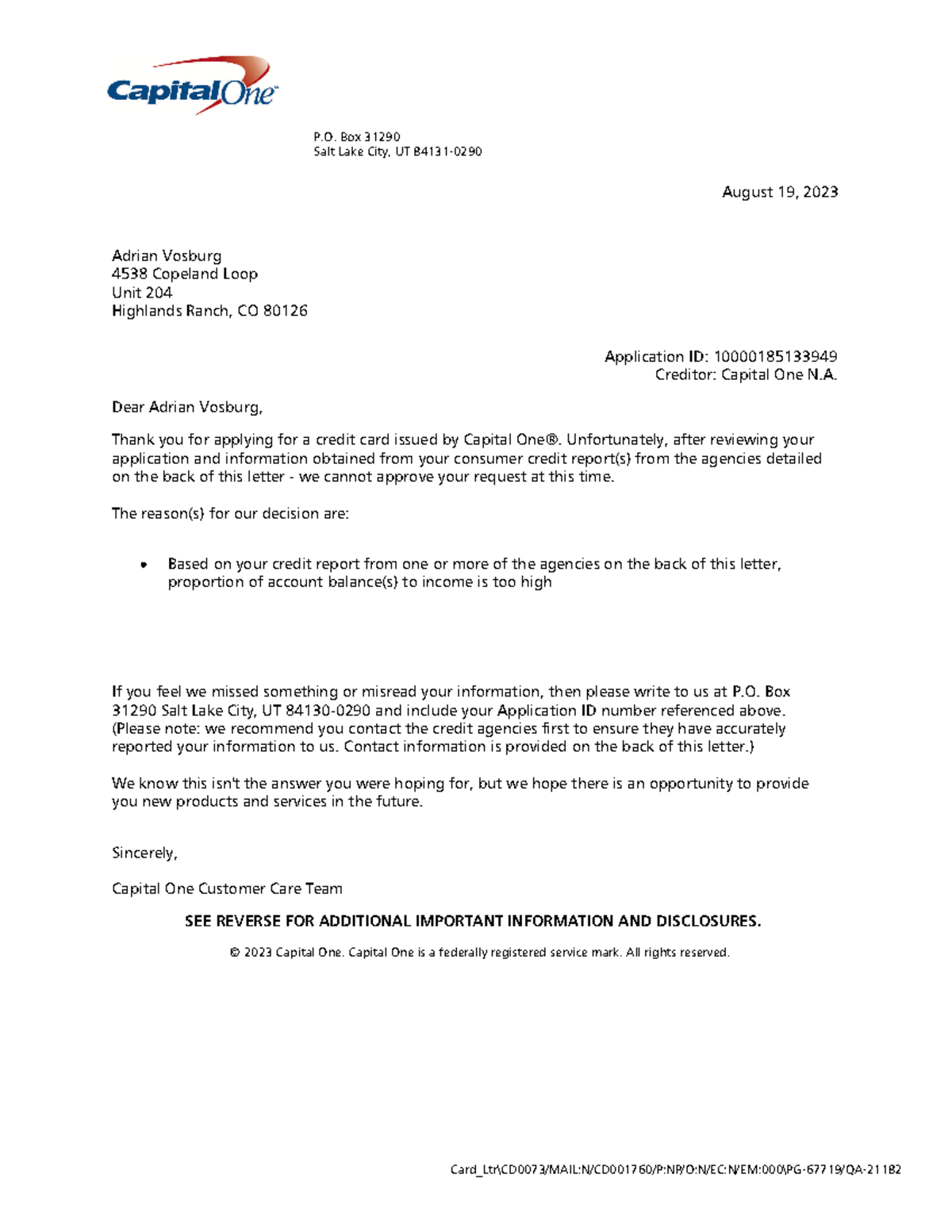 Adverse Action Letter - P. Box 31290 Salt Lake City, UT 84131- August ...