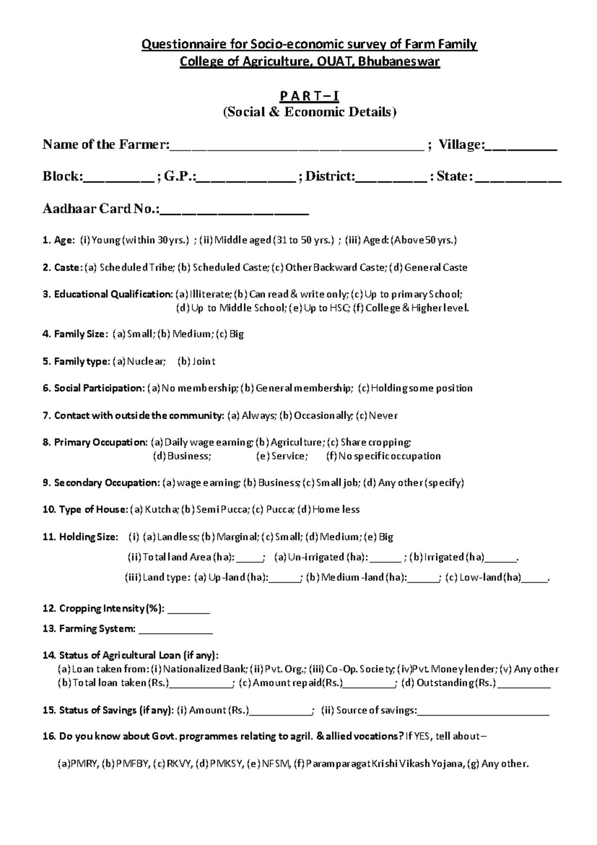 RAWE Survey Format (English) - Questionnaire for Socio-economic survey ...