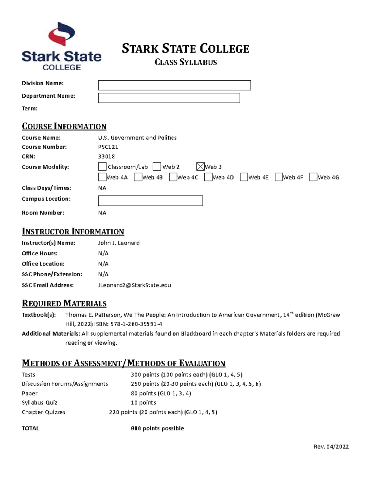 PSC121Class SyllabusWeb3Fall 2022 Leonard STARK STATE COLLEGE