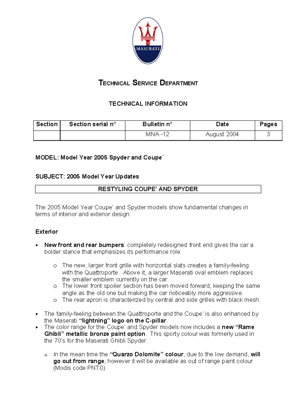 2005 Model year updates - TECHNICAL SERVICE DEPARTMENT TECHNICAL ...