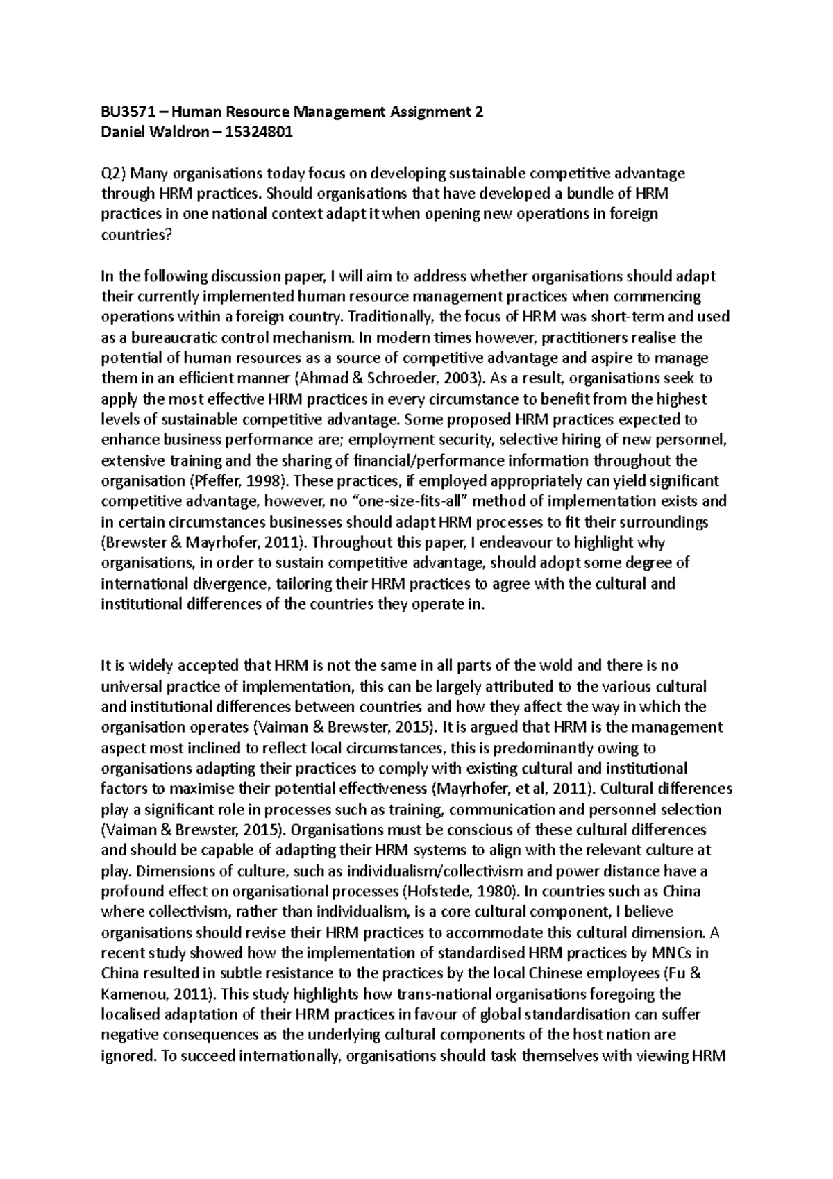 BU3571 – Human Resource Management Assignment 2 - BU3571 – Human ...