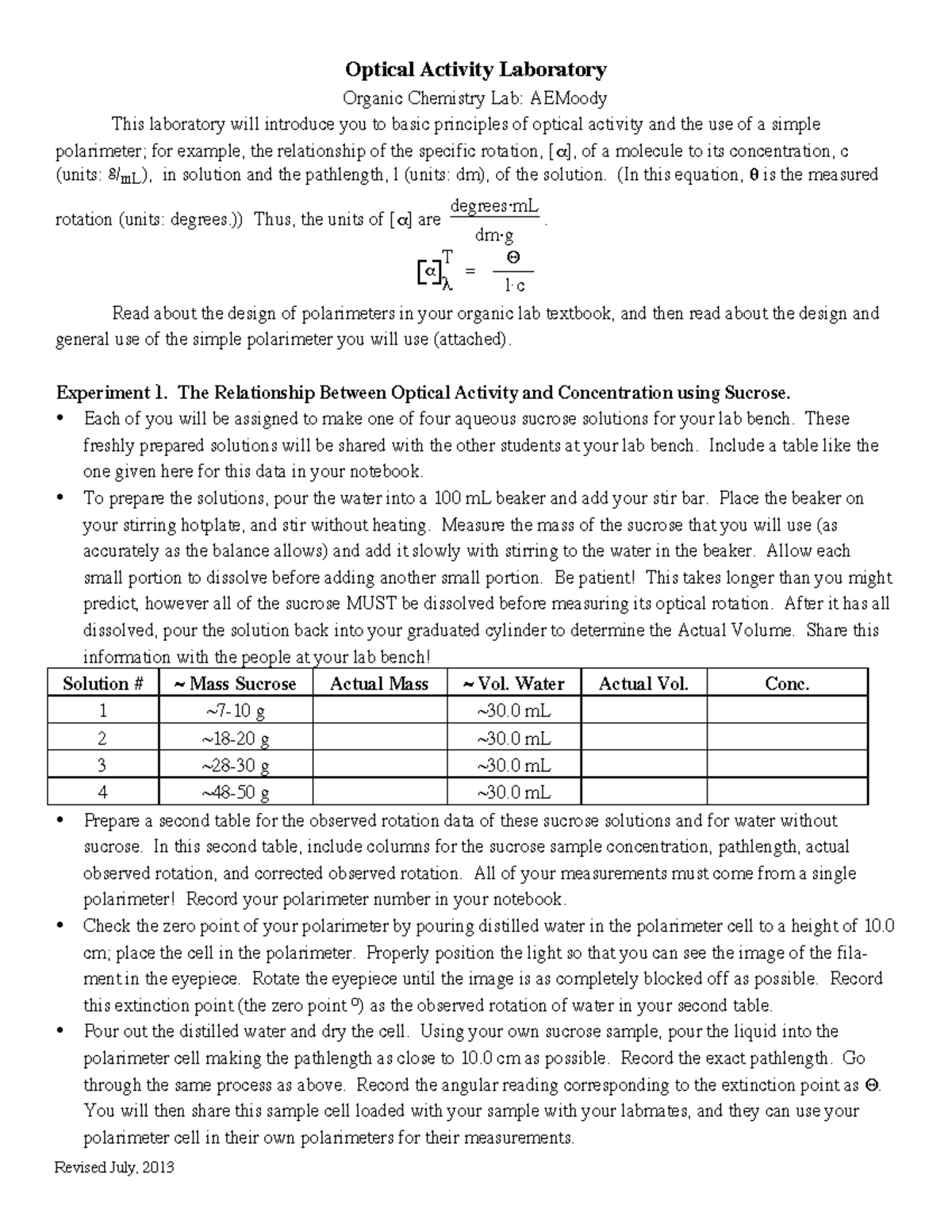 Optical Activity Lab 2013 Revised July, 2013 Optical Activity