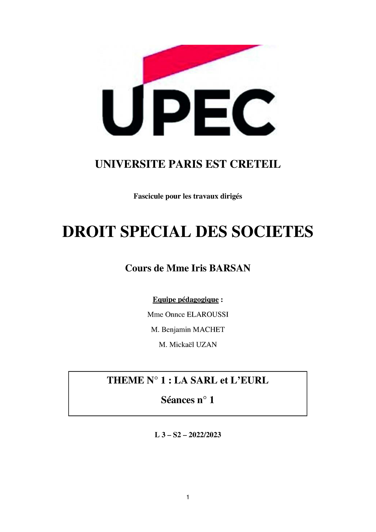 TD 1 - Fiches - DS - UNIVERSITE PARIS EST CRETEIL Fascicule Pour Les ...