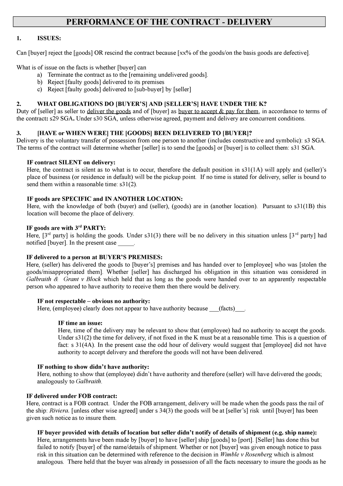 Performance of Contract Delivery Issues Obligations and Scenarios