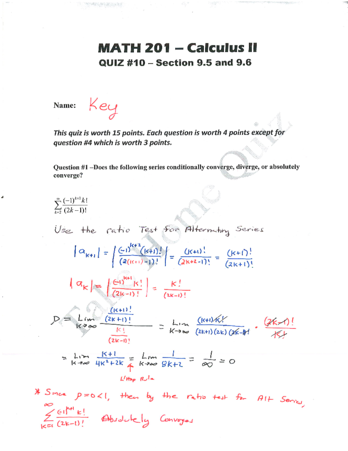 Answer Key Quiz #10 - quiz - MATH 201 Calculus QUIZ Section 9 and 9 ...