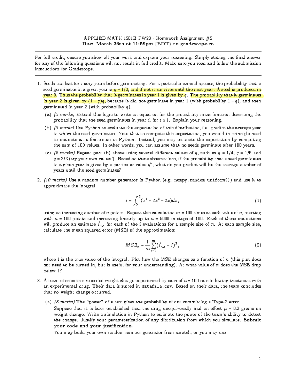 AM1201BA2 - Assignment - APPLIED MATH 1201B FW23 - Homework Assignment ...