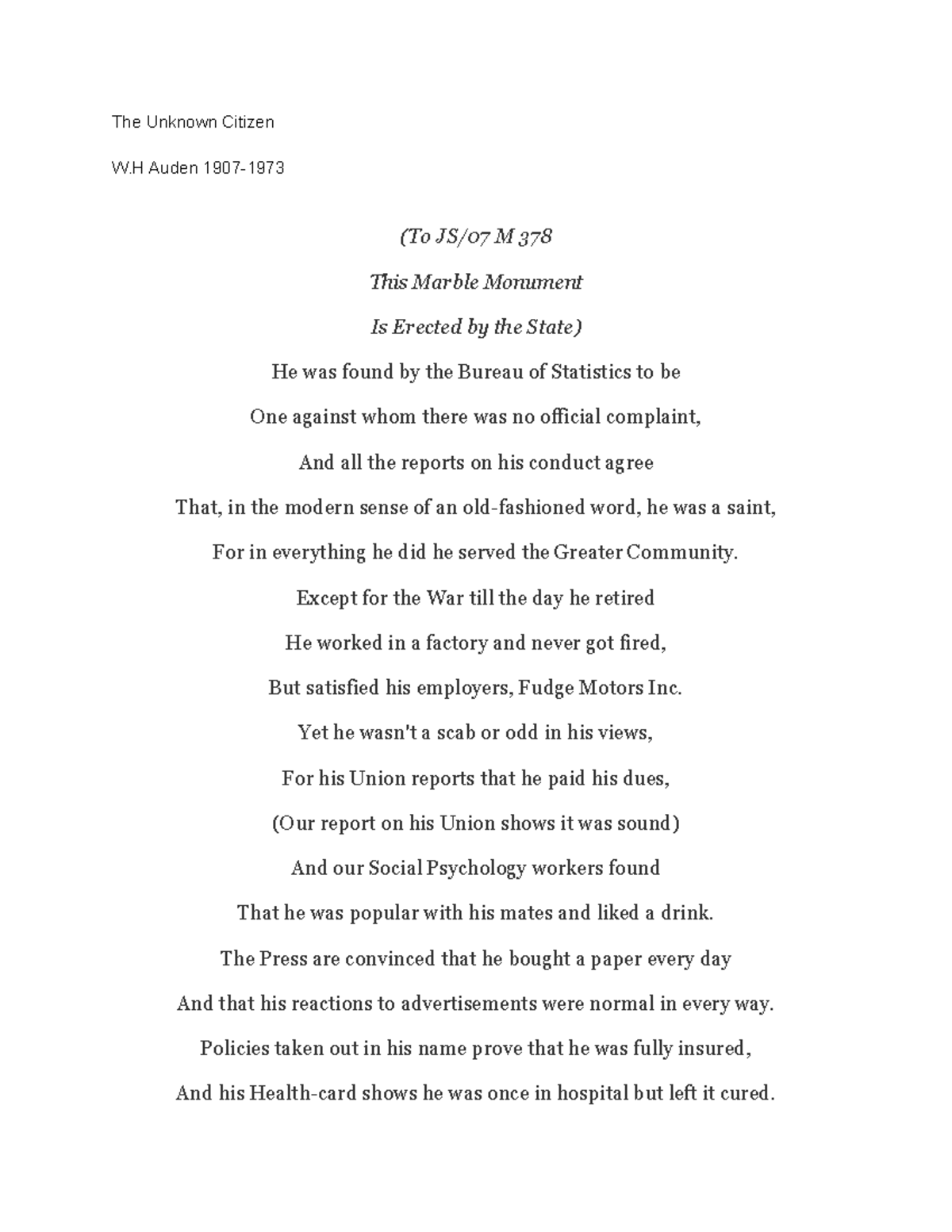 The unknown citizen poem The Unknown Citizen W Auden 1907 (To JS/07
