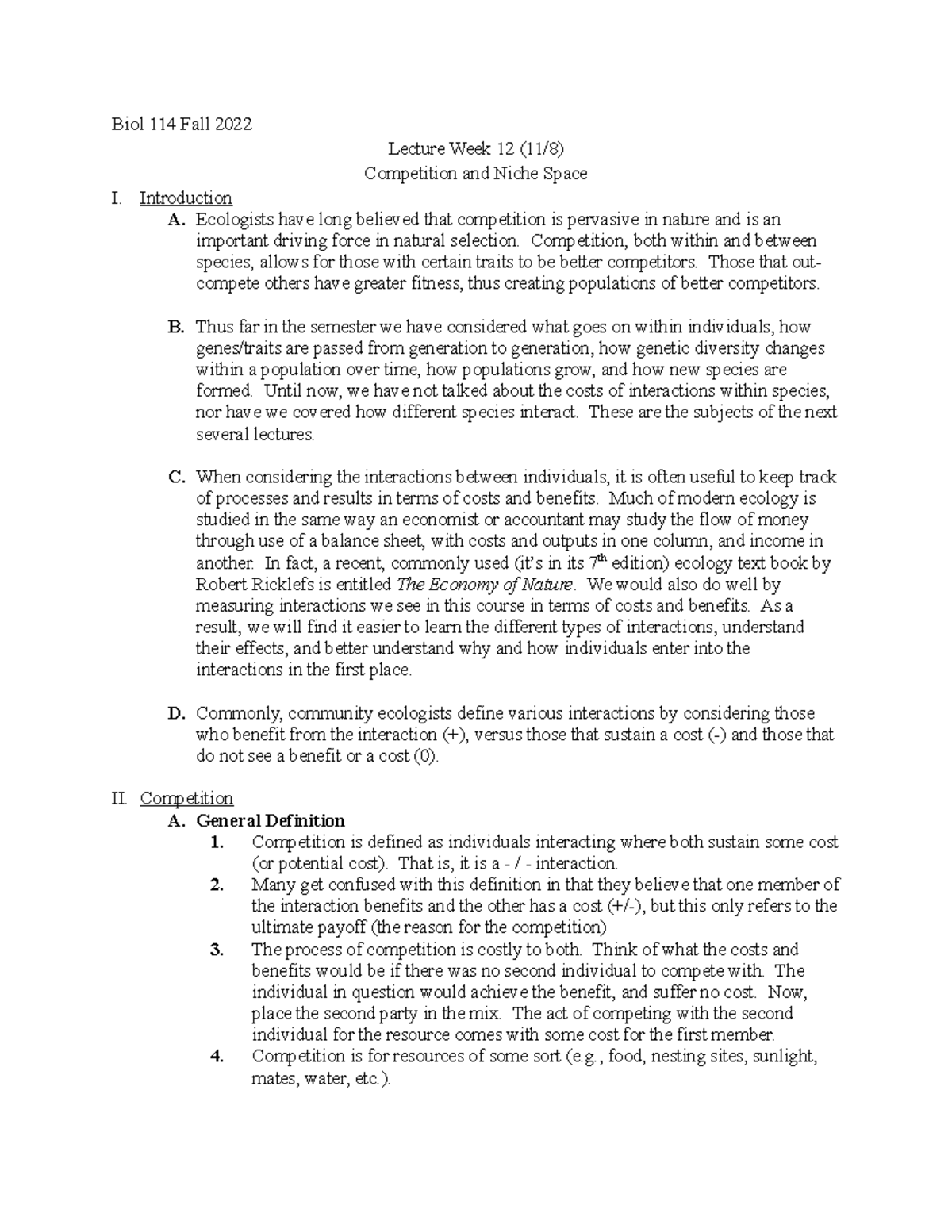 Lecture week 12 (11-8) - Notes Competition and Niche Space - Biol 114 ...