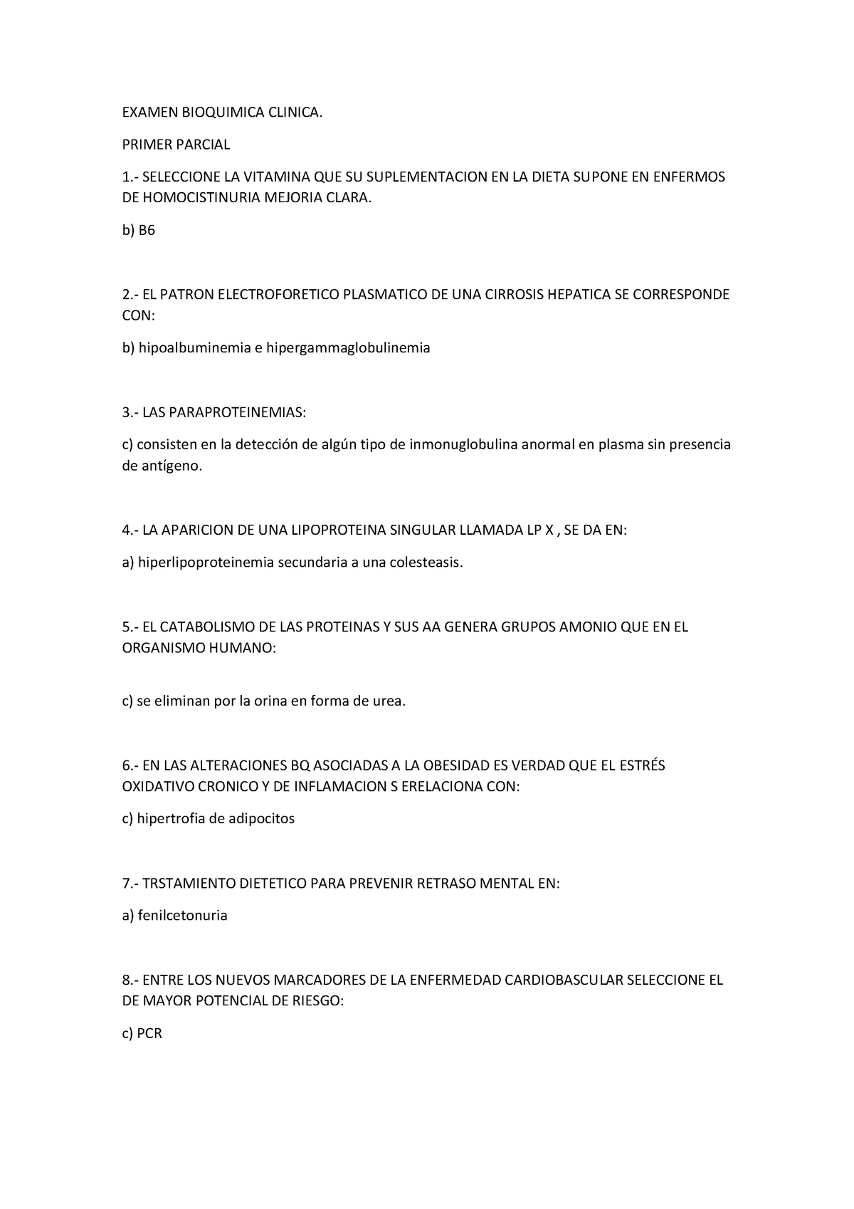 Examen Bioquimica Clinica 1er Parcial - EXAMEN BIOQUIMICA CLINICA ...