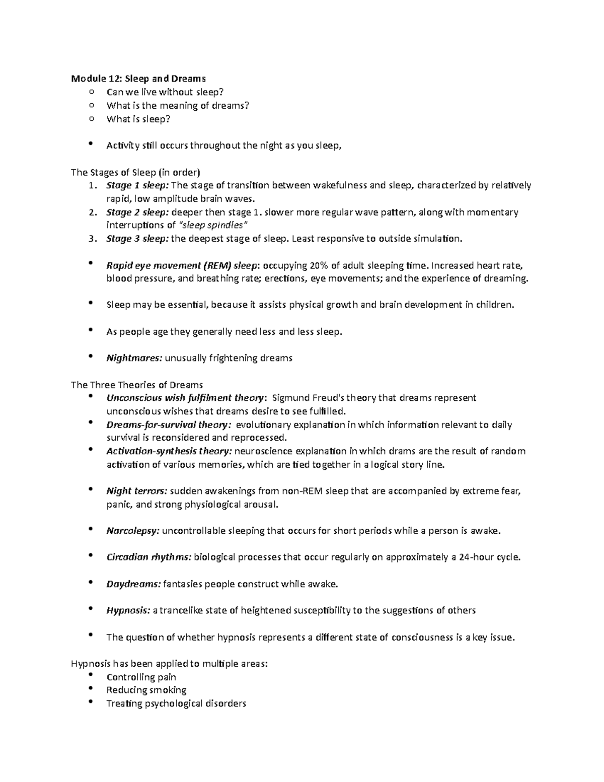 Chapter 4 Notes - Module 12: Sleep and Dreams o Can we live without ...