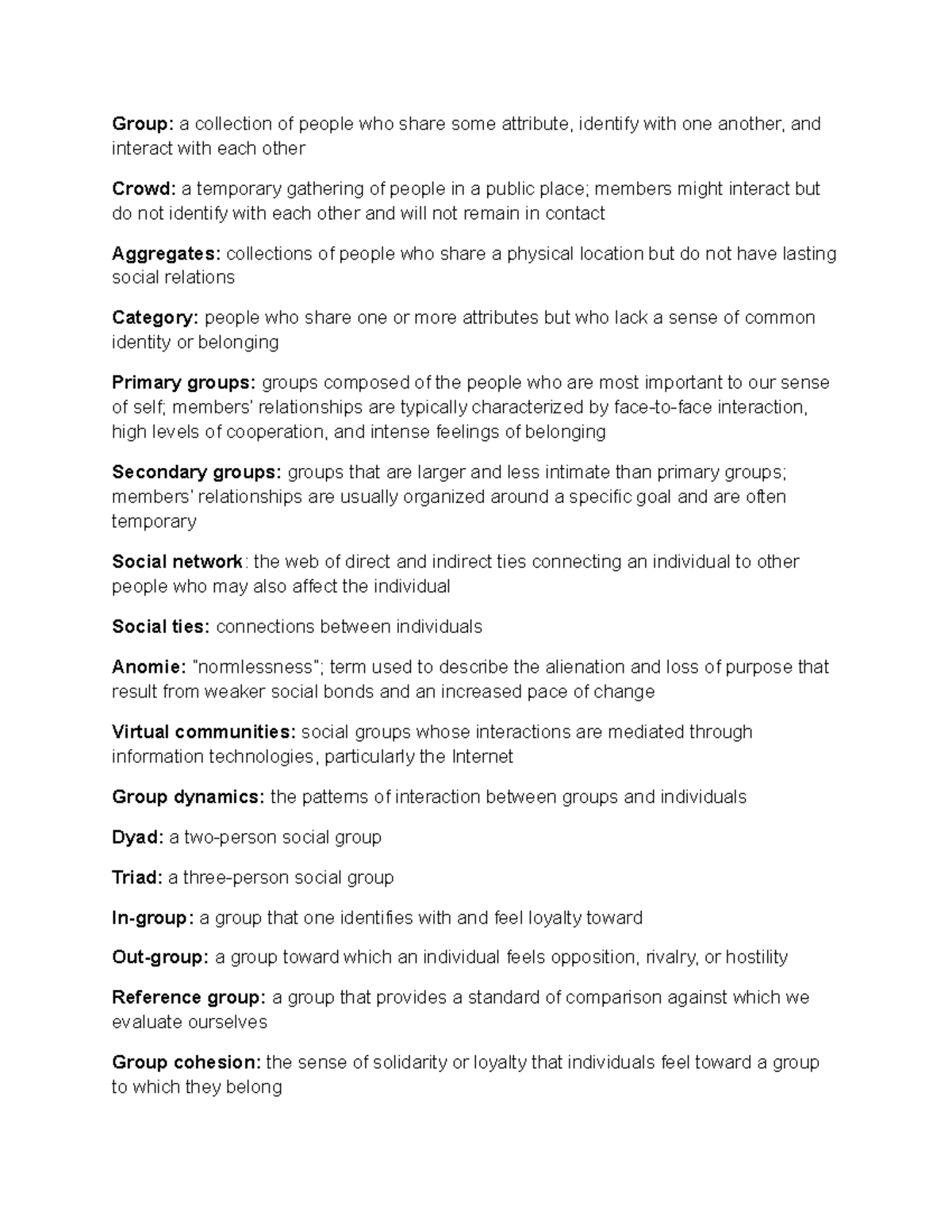Introduction to Sociology Chapter 5 Vocab - SOCY 101 - VCU - StuDocu