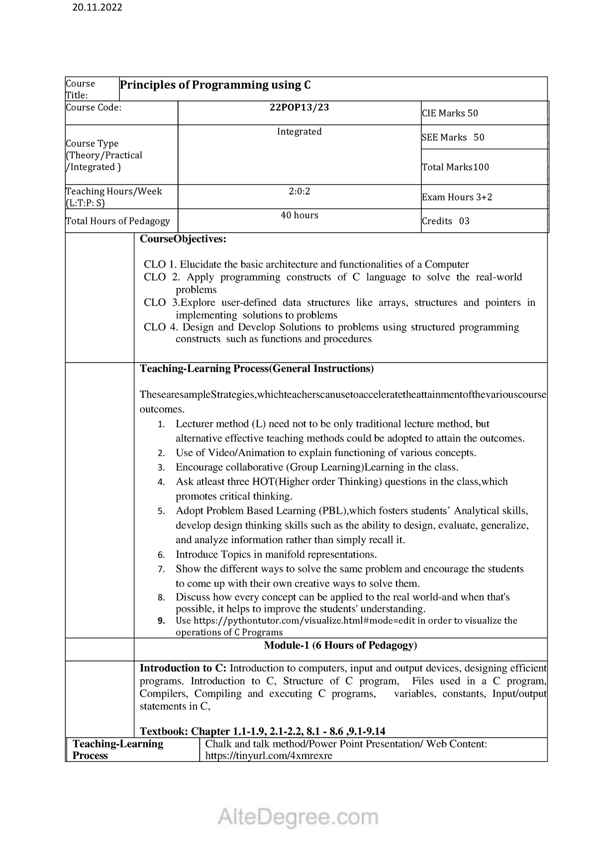 Syllabus - Course Title: Principles of Programming using C Course Code ...