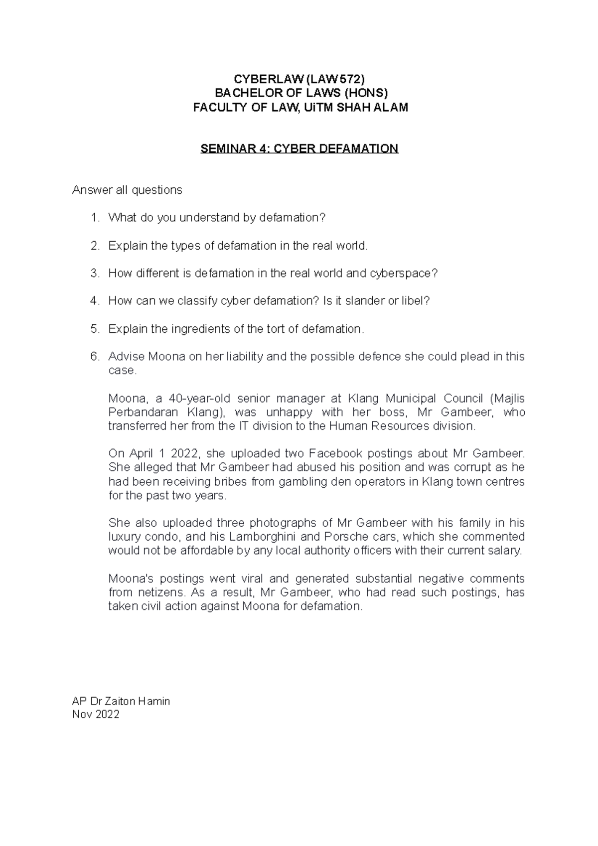 Cyber Defamation Tutorial Qns - CYBERLAW (LAW 572) BACHELOR OF LAWS ...