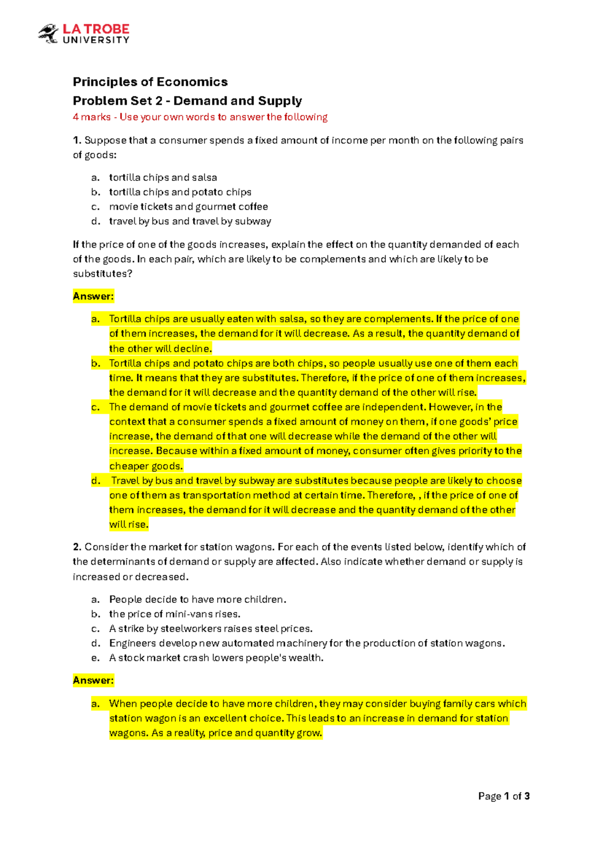 Problem Set 2 - Page 1 of 3 Principles of Economics Problem Set 2 ...