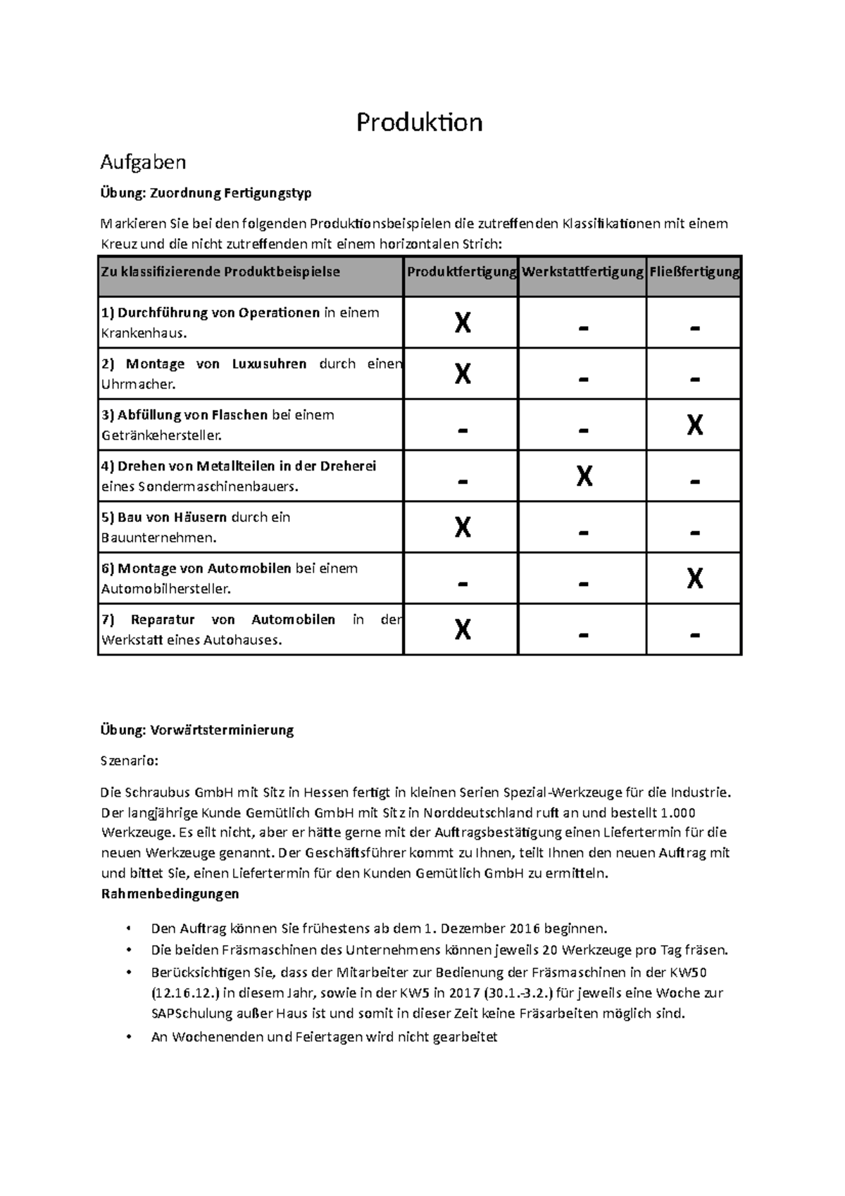 BWL Übung 9 - Produktion - Produktion Aufgaben Übung: Zuordnung ...