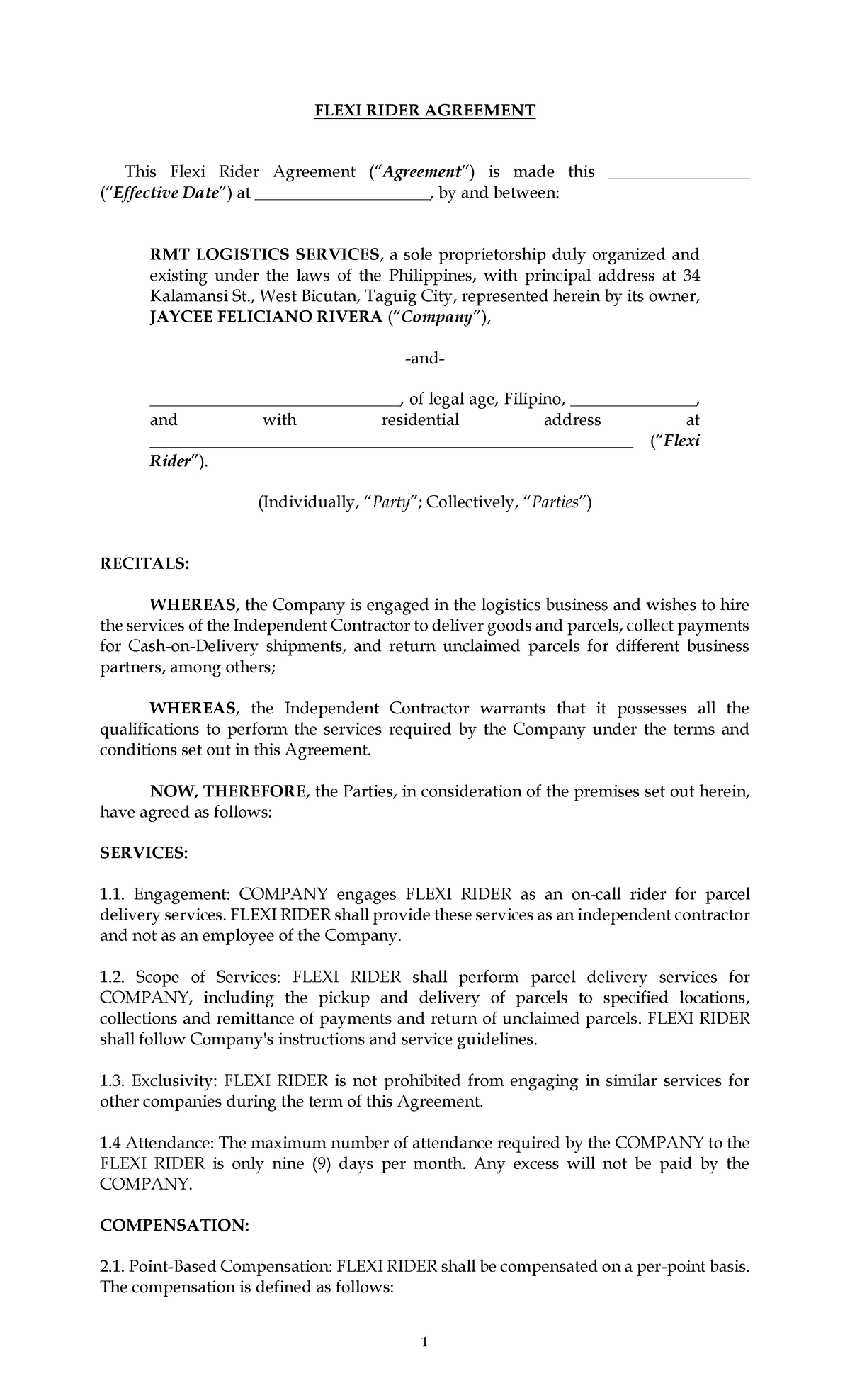 RMT IC Contract LM Flexi Rider - FLEXI RIDER AGREEMENT This Flexi Rider ...