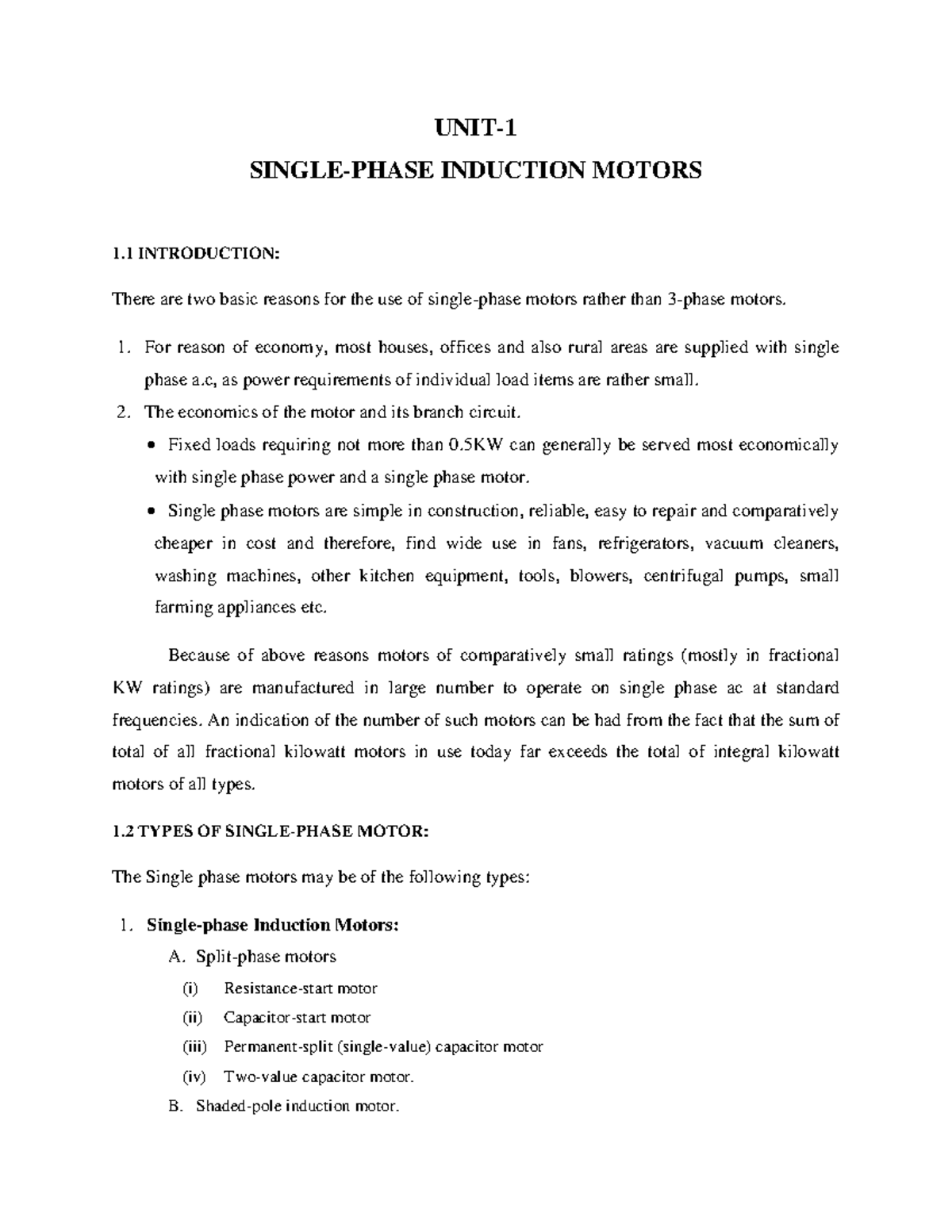 Single Phase Induction Motor UNIT SINGLEPHASE INDUCTION MOTORS 1