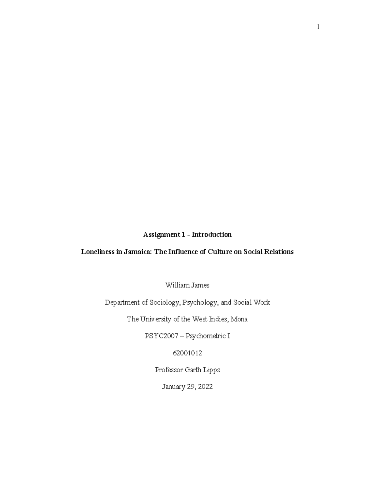 Example of APA Version 7 Format - Assignment 1 - Introduction ...