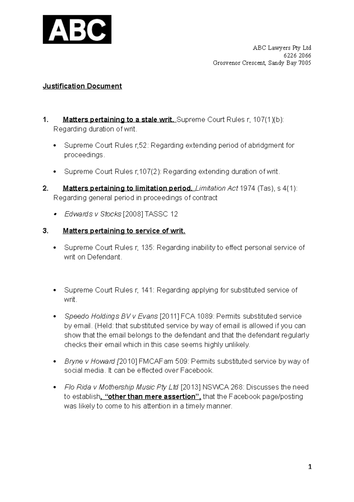 Justification Document for Letter of Advice - ABC Lawyers Pty Ltd 6226 ...