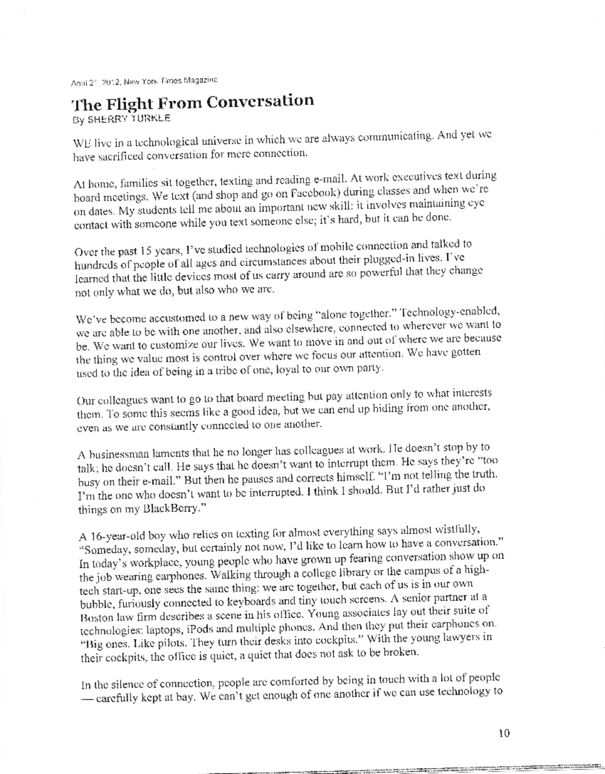 The Flight From Conversation By Sherry Turkle April 21 2012 New