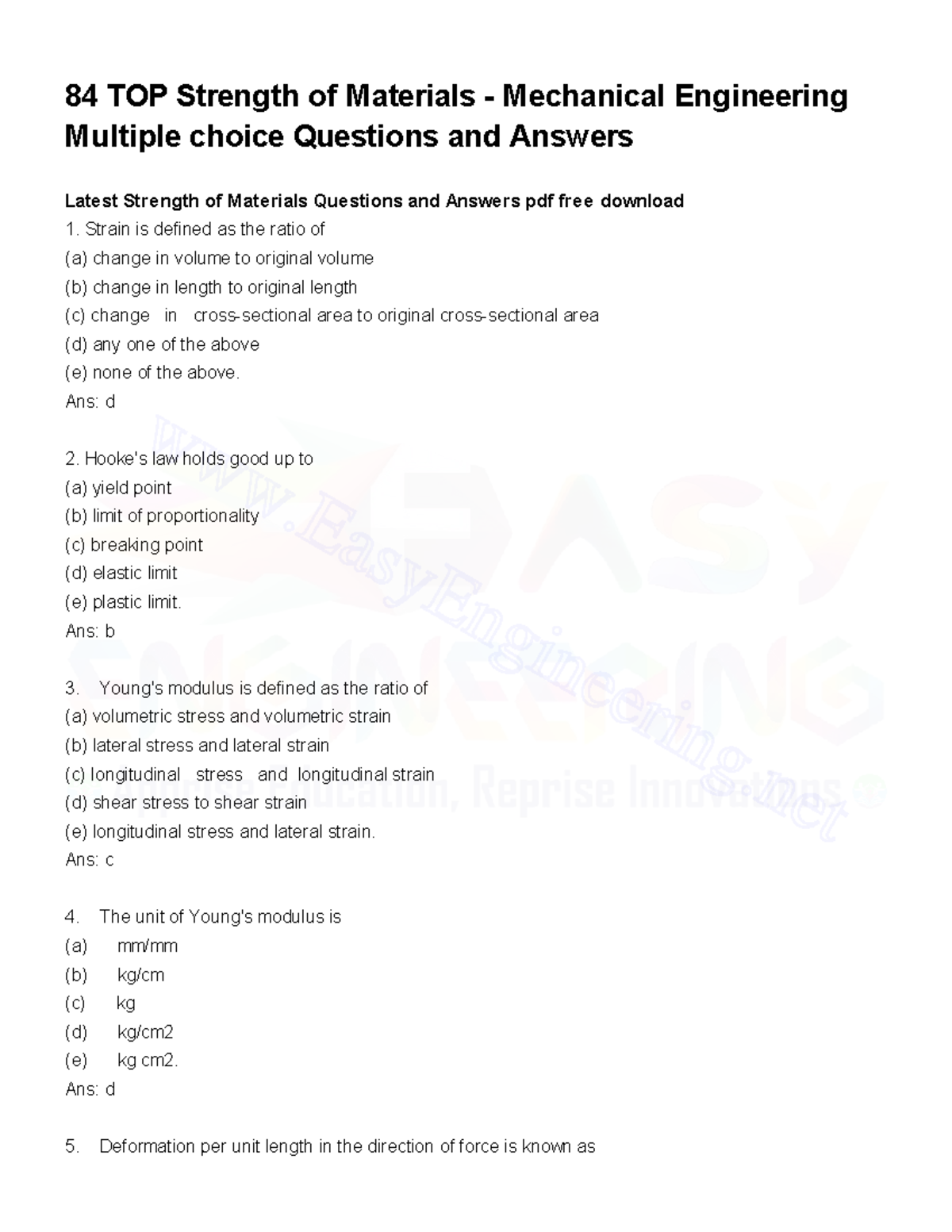 Strength of Materials MCQs PDF 84 TOP Strength of Materials