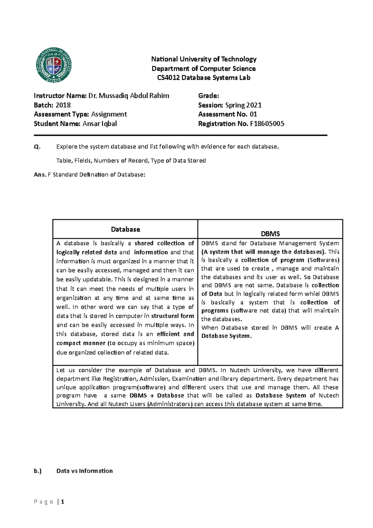 Ansar F18605005 In Lab 01 Database System Dated 3 April, 2021 ...