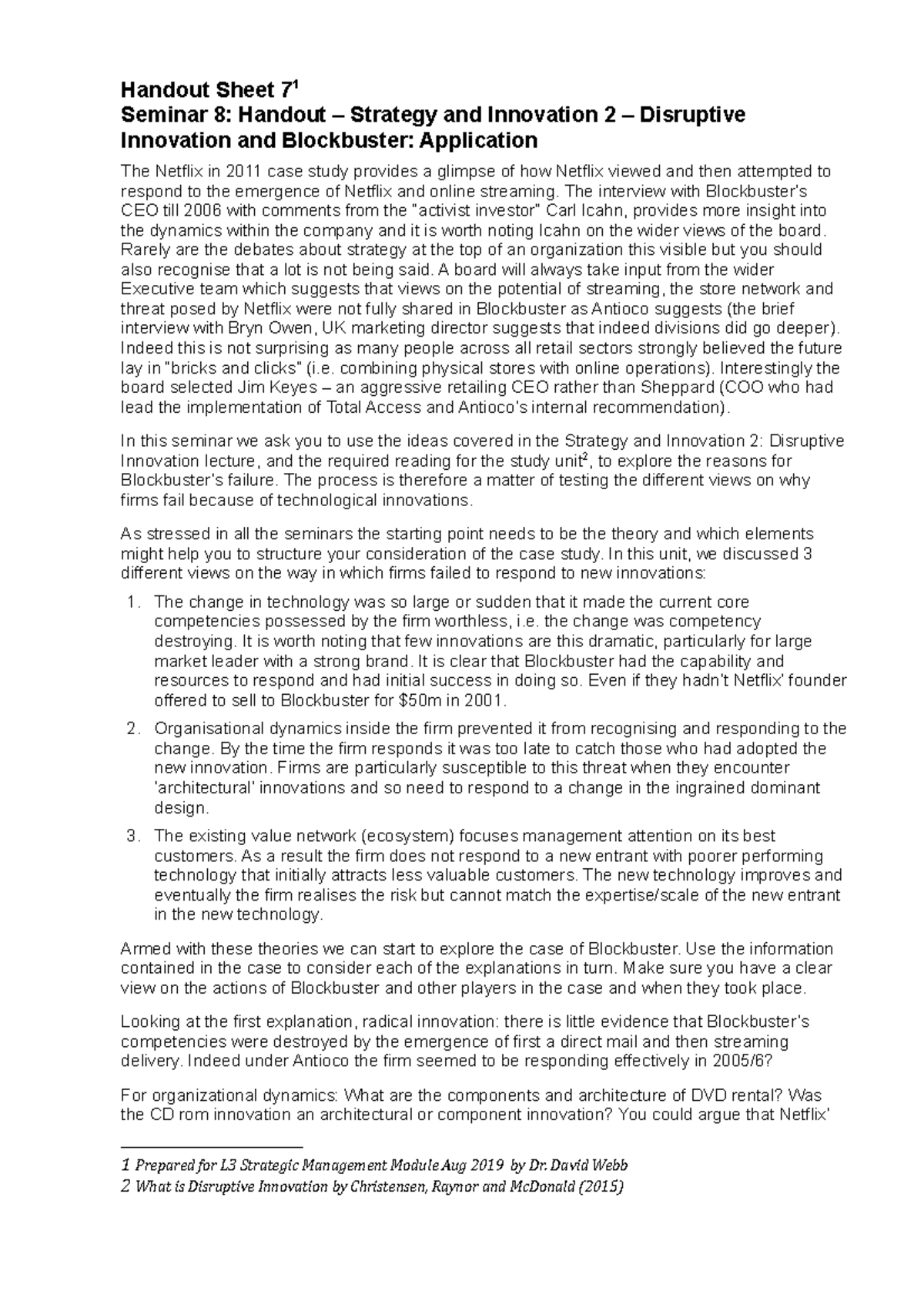 Seminar 7 Handout - Strategy and Innovation 2 - Blockbuster (2021 ...
