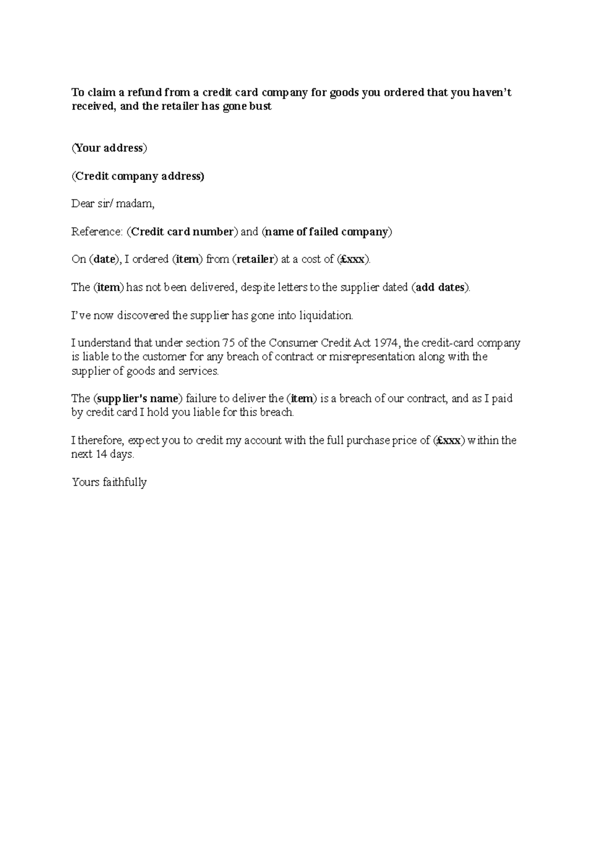 File letter to credit card provider if company goes bust 303638 To