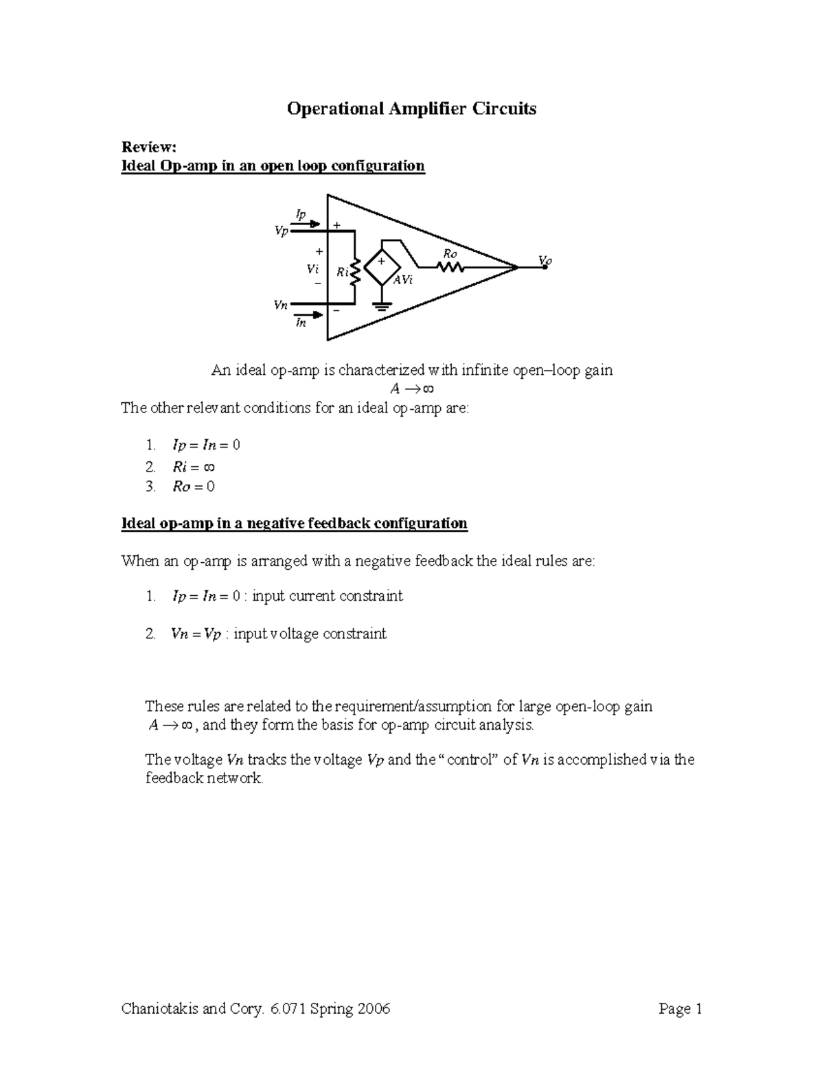 OpAmp circuits Operational Amplifier Circuits Review Ideal Opamp