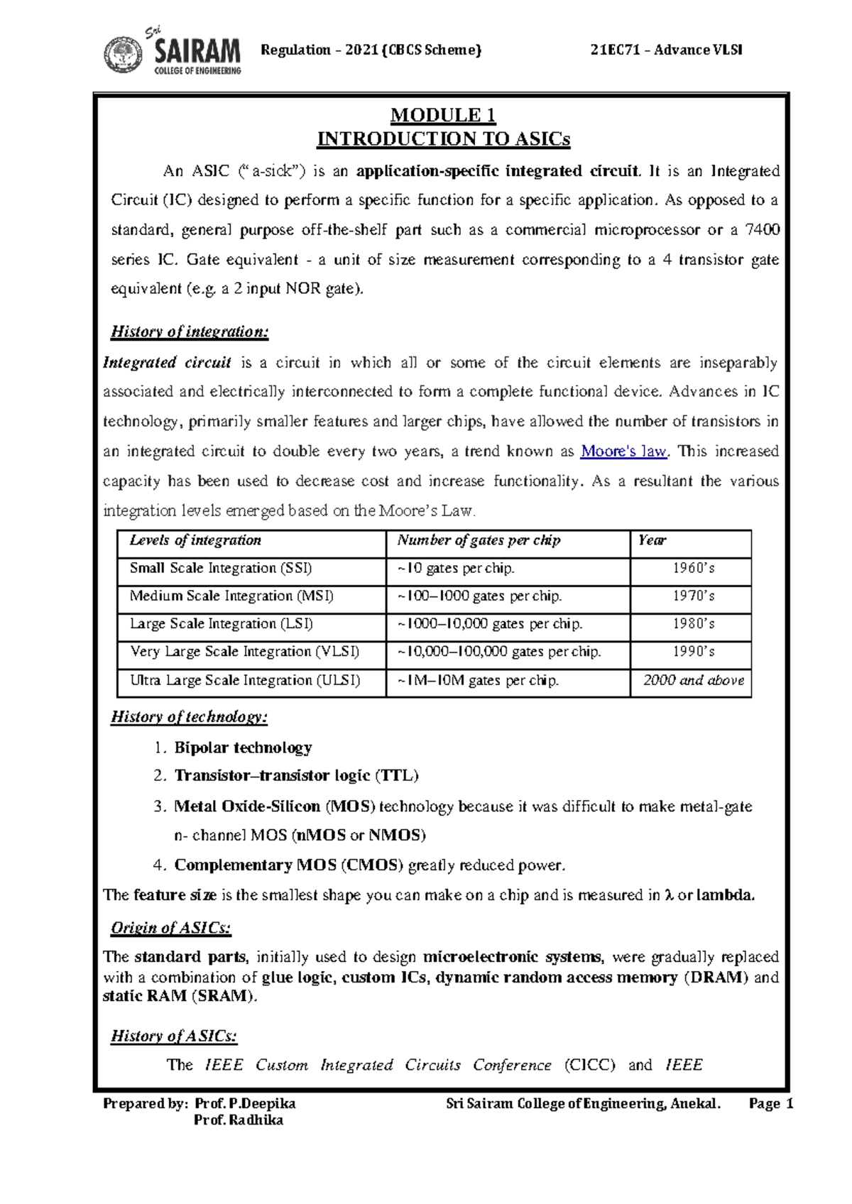 Avlsi Module 1 - this is for reference - Prepared by: Prof. P Sri ...