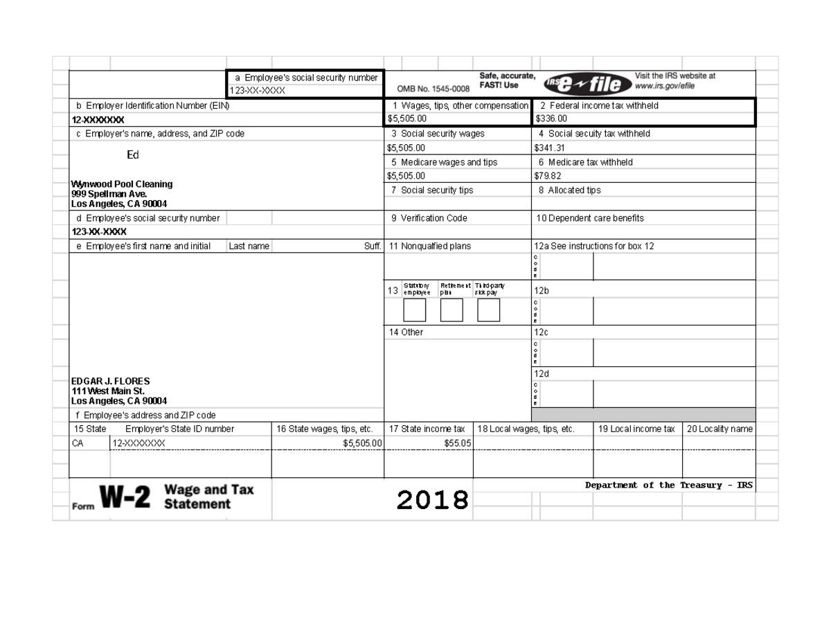 Ace Nichols W2 Edgar Flores a Employee's social security number 123