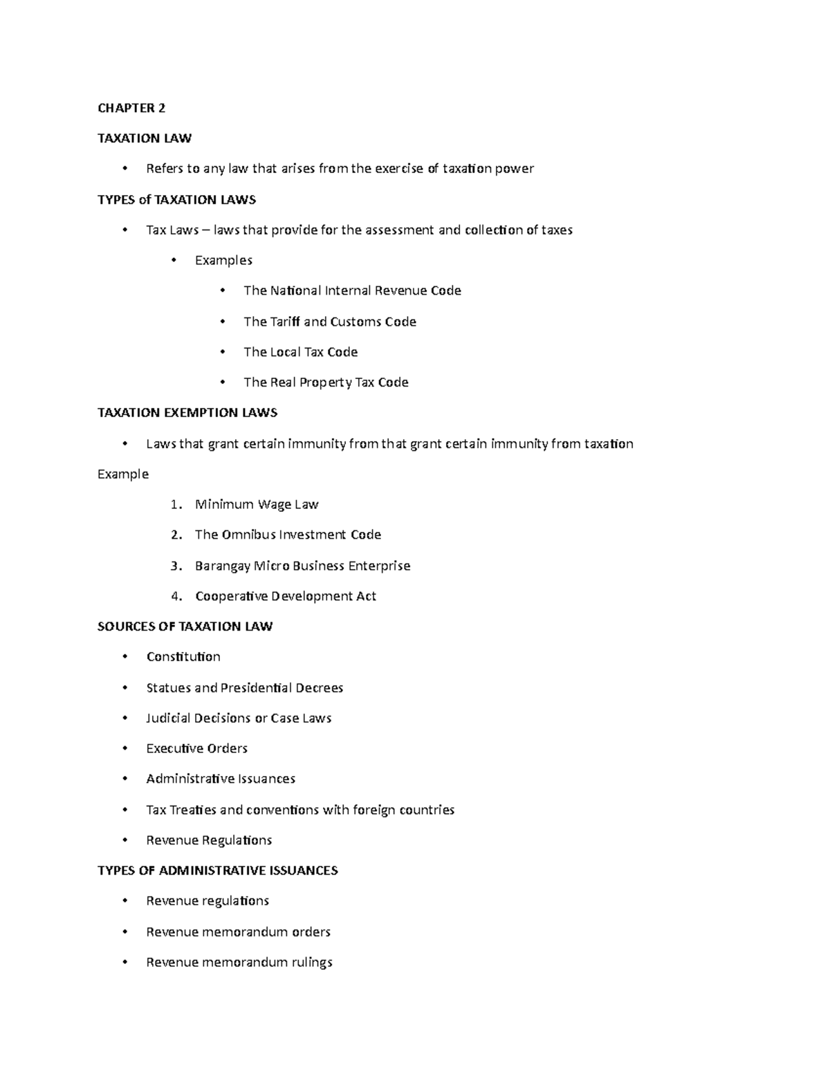 TAX Chapter 2 - CHAPTER 2 TAXATION LAW Refers to any law that arises ...