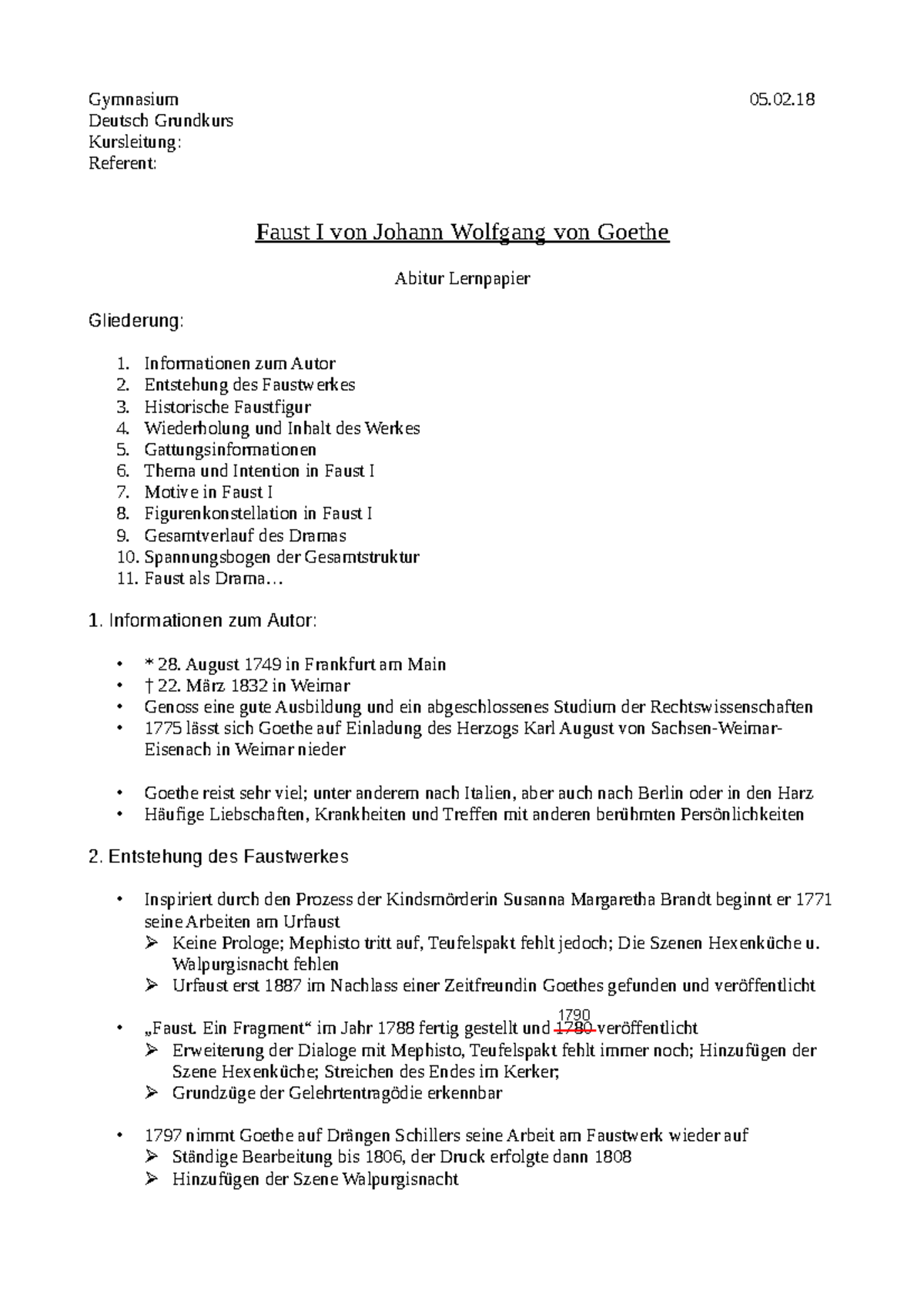 Lernpapier Faust - Deutsch summary Q - Gymnasium St. Kaspar 05. Deutsch