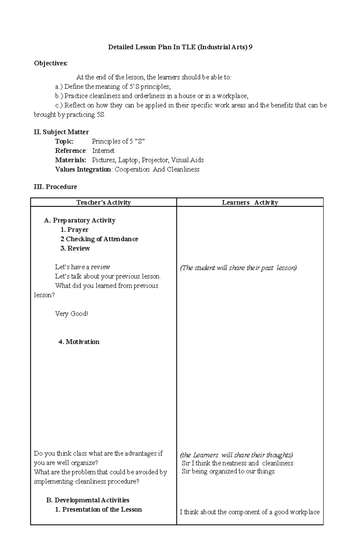 Detailed Lesson Plan in Industrial Arts 5S Detailed Lesson Plan In