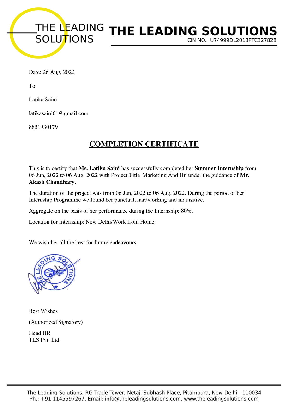 Latika Saini Technia certificate - Date: 26 Aug, 2022 To Latika Saini ...