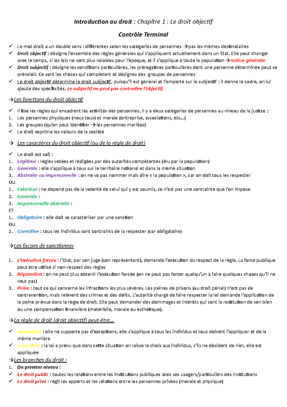 Chapitre 1 droit fiche - Introduction au droit : Chapitre 1 : Le droit ...