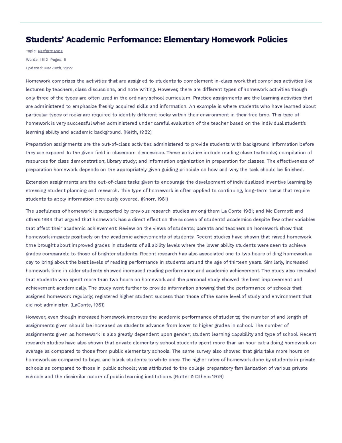 Students' Academic Performance- Elementary Homework Policies Free Essay ...