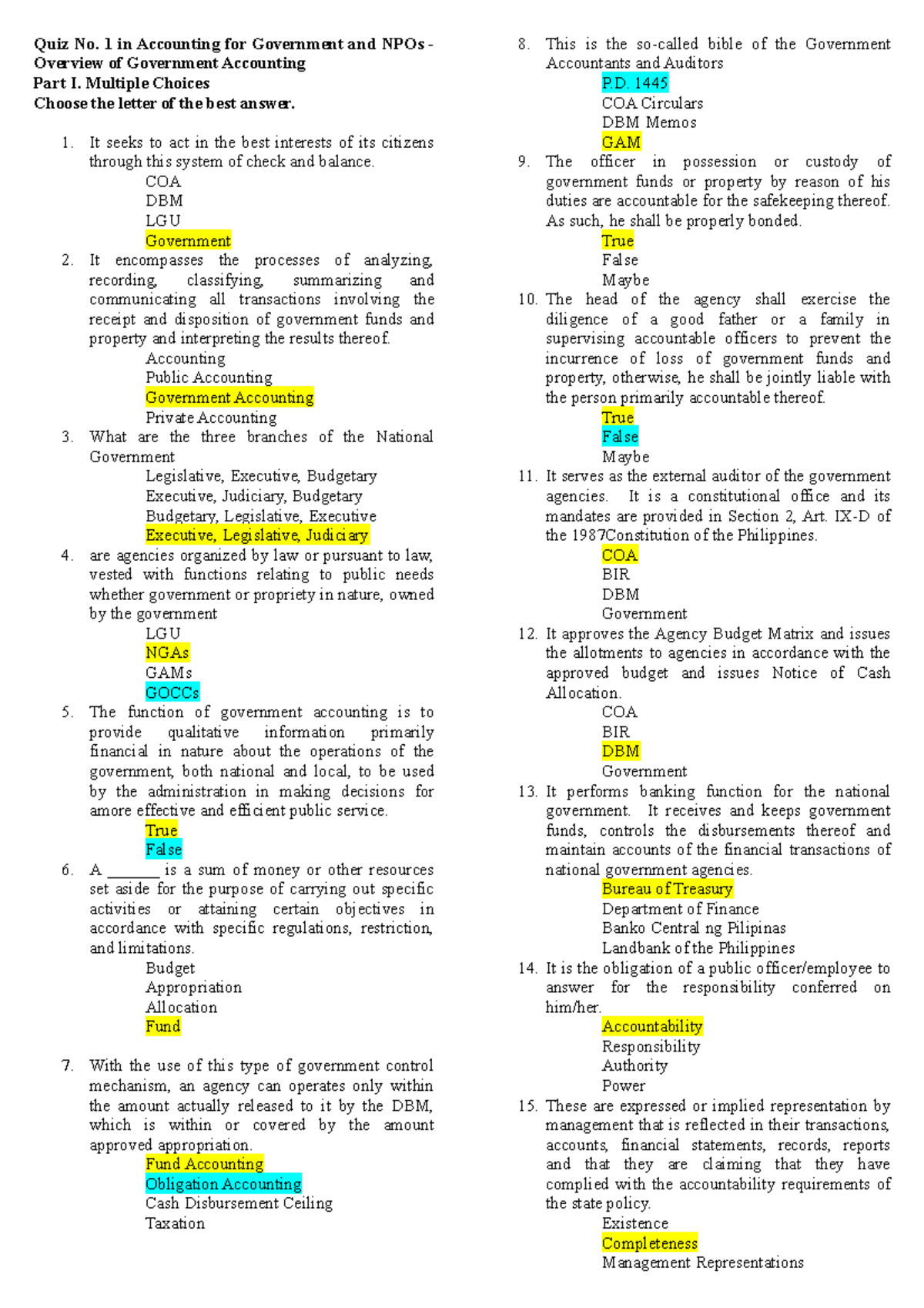 GOV ACT Quizes Quiz No. 1 in Accounting for Government and NPOs