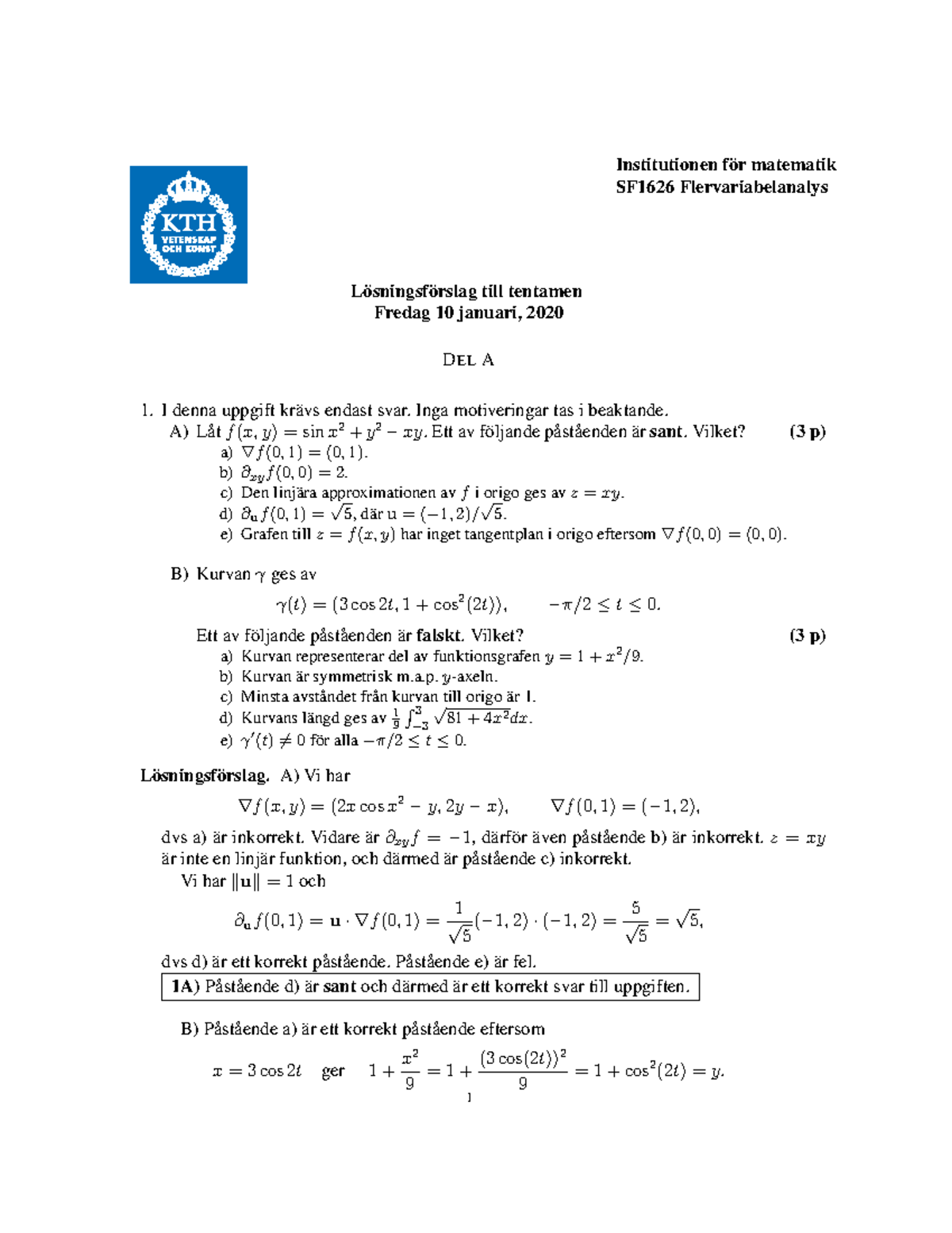 SF1626 Losningar 202001 10 - Institutionen F ̈or Matematik SF1626 ...