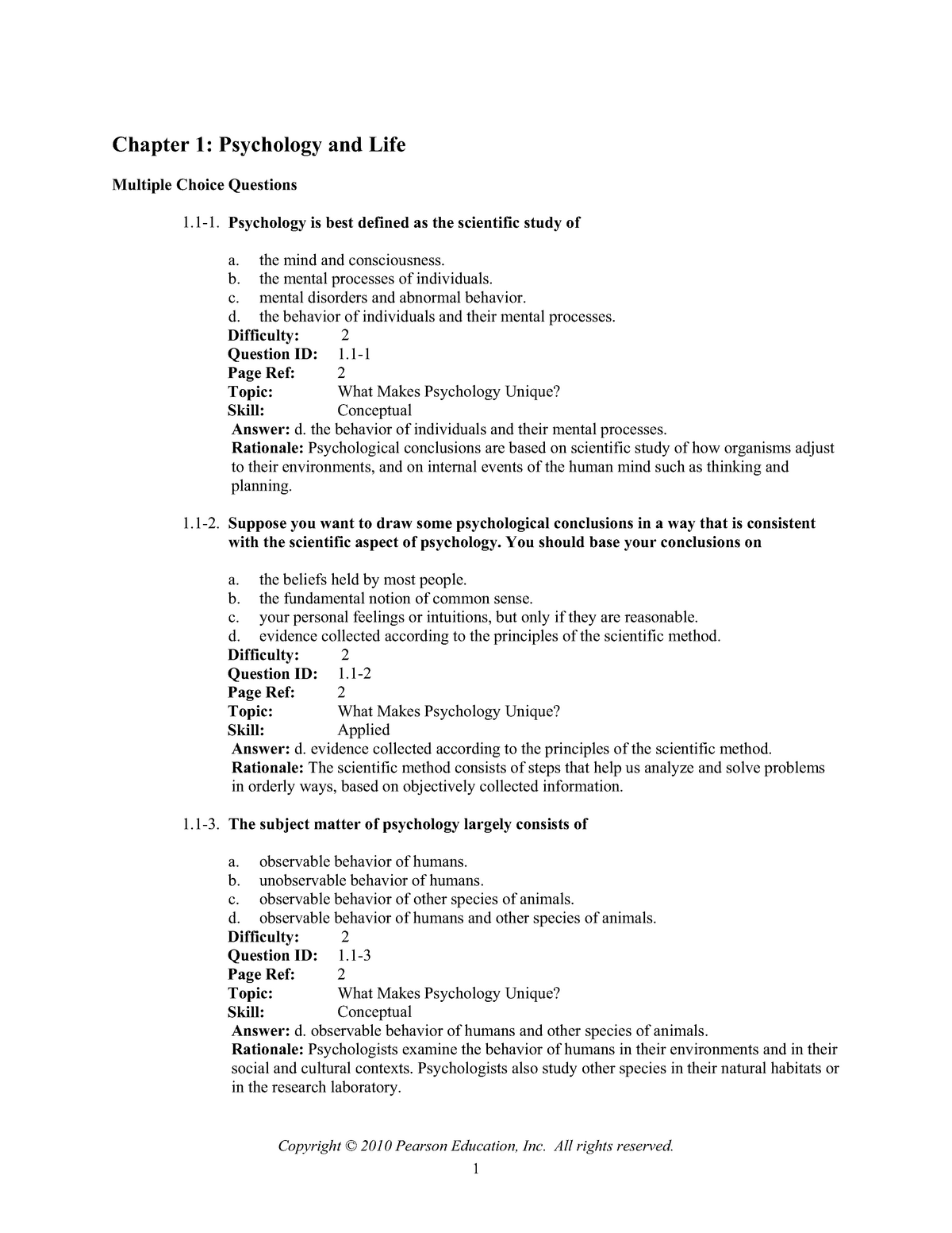 Test, Questions And Answers - Chapter 1: Psychology And Life Multiple ...