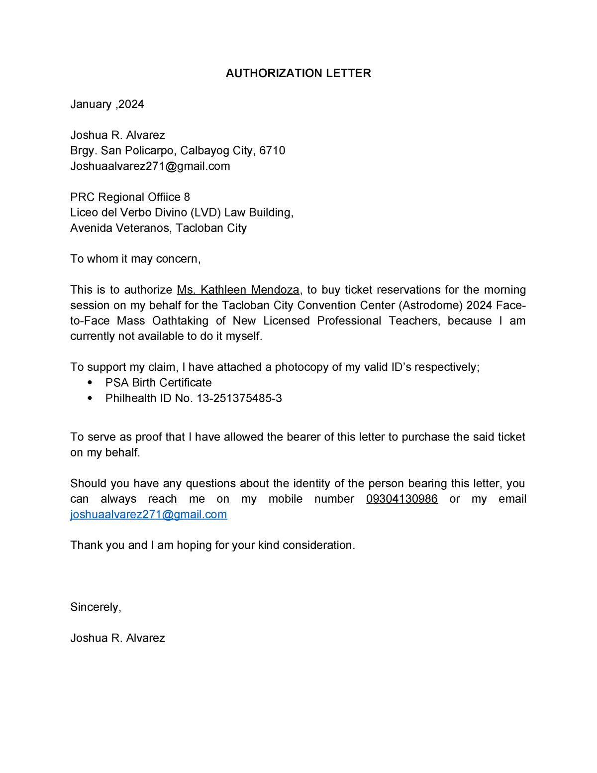 Authorization- Letter - AUTHORIZATION LETTER January , Joshua R ...