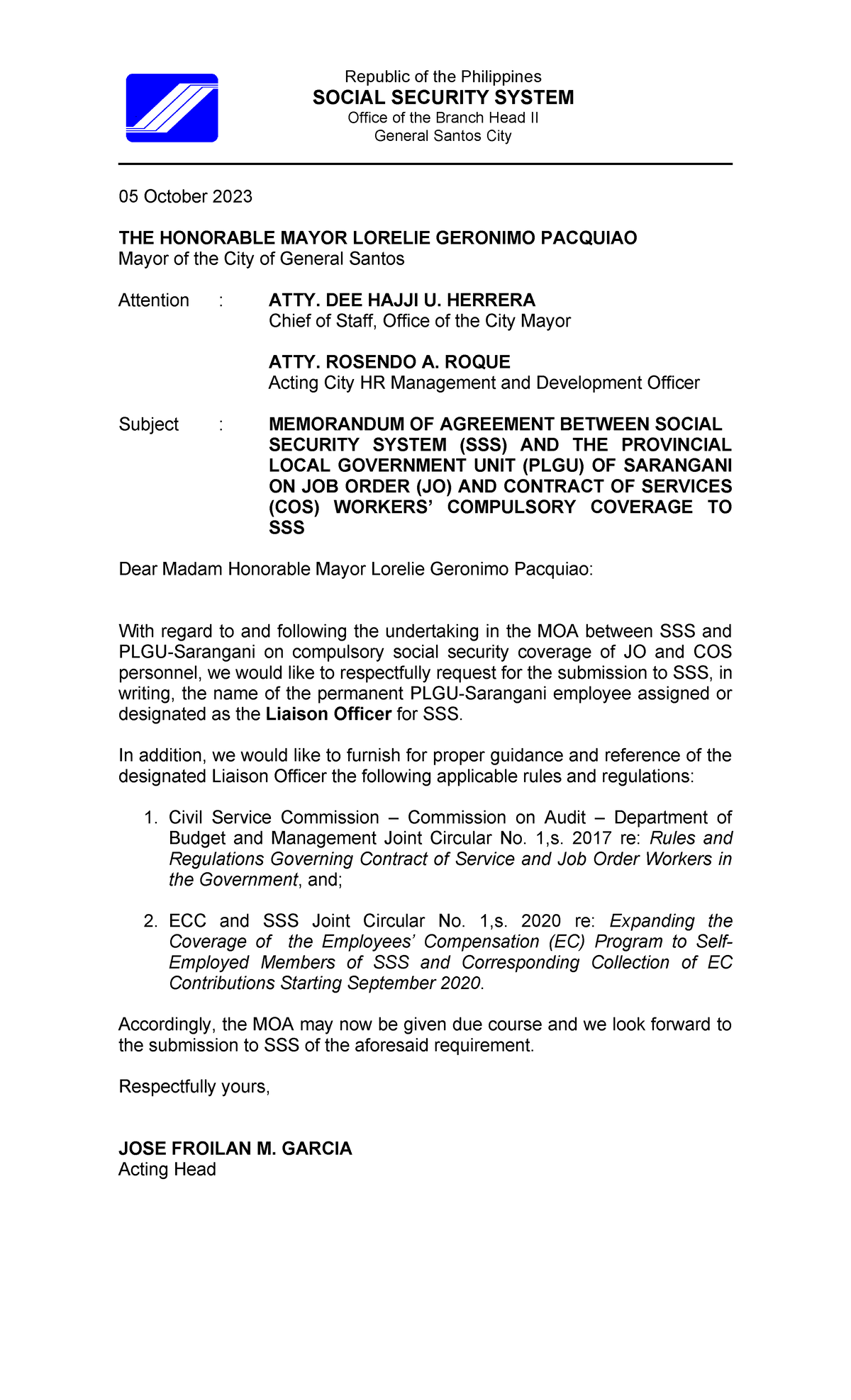 Letterhead Lgu Gsc Designation Of Liaison Officer Republic Of The