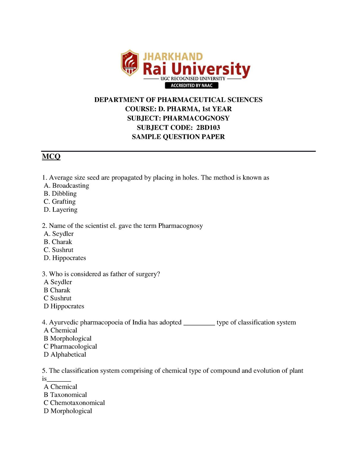 Pharmacognosy - B. Pharmacy - TNMGRMU - Studocu