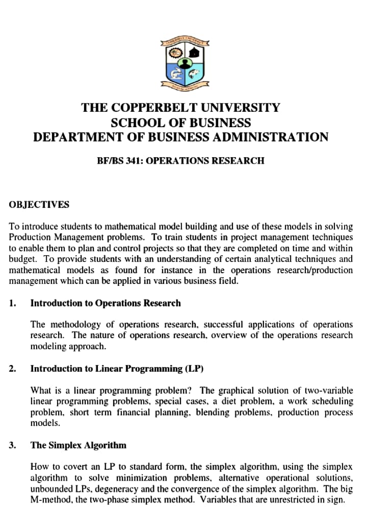 Bs 341 Course outline - OBJECTIVES 1 2. THE COPPERBELT UNIVERSITY 3 ...