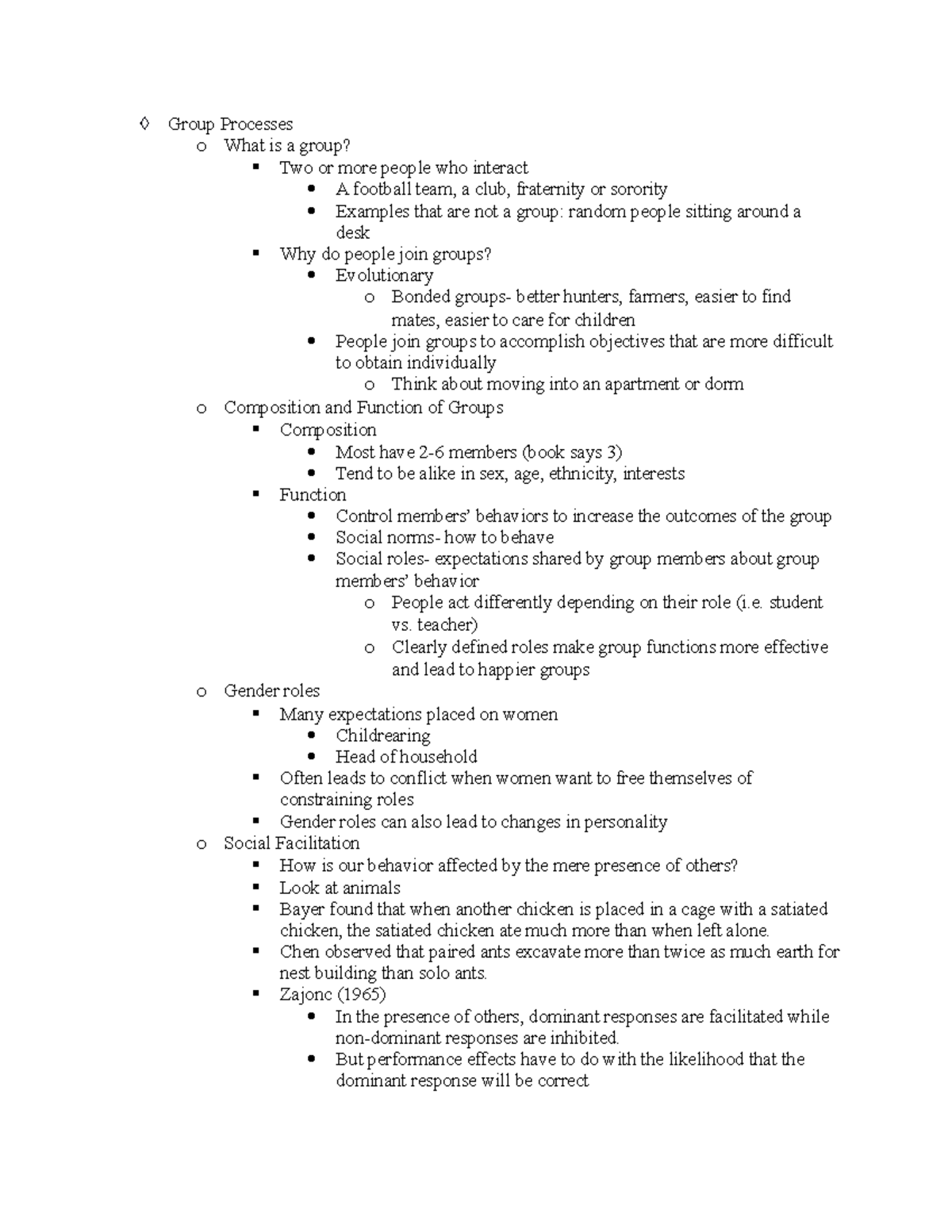 Social Psych-Ch.9 Notes - Group Processes o What is a group? Two or ...